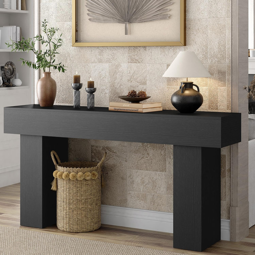 63 Inch Long Console Table for Entryway, Farmhouse Wood Rectangular Sofa Table Behind Couch Table, Narrow Entryway Table for Living Room, Entrance, Hallway, Foyer, Easy Assembly (Charcoal Black)