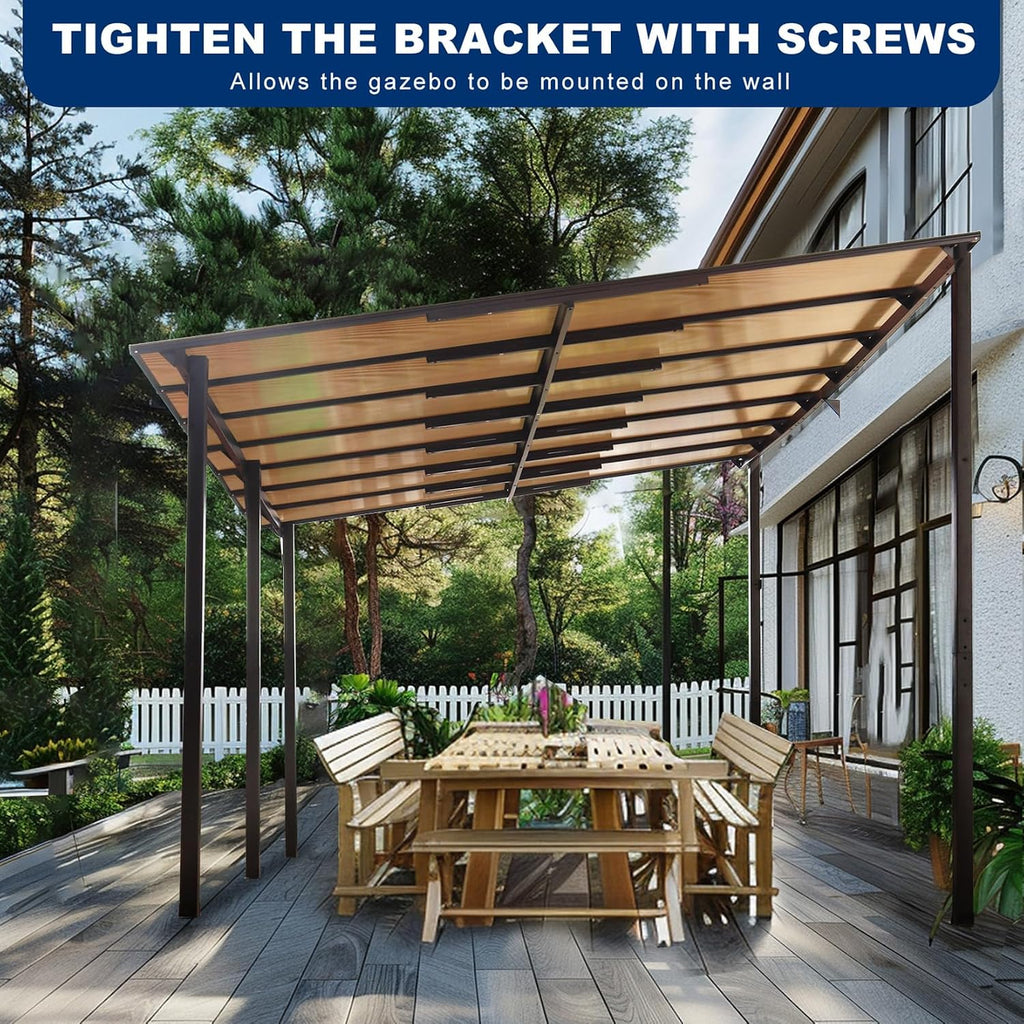 10' x 14' Outdoor Pergola Gazebo, Wall-Mounted Lean to Metal Awning Gazebo with Roof, Large Heavy Duty Garage Top Tent for Patio, Decks, Backyard