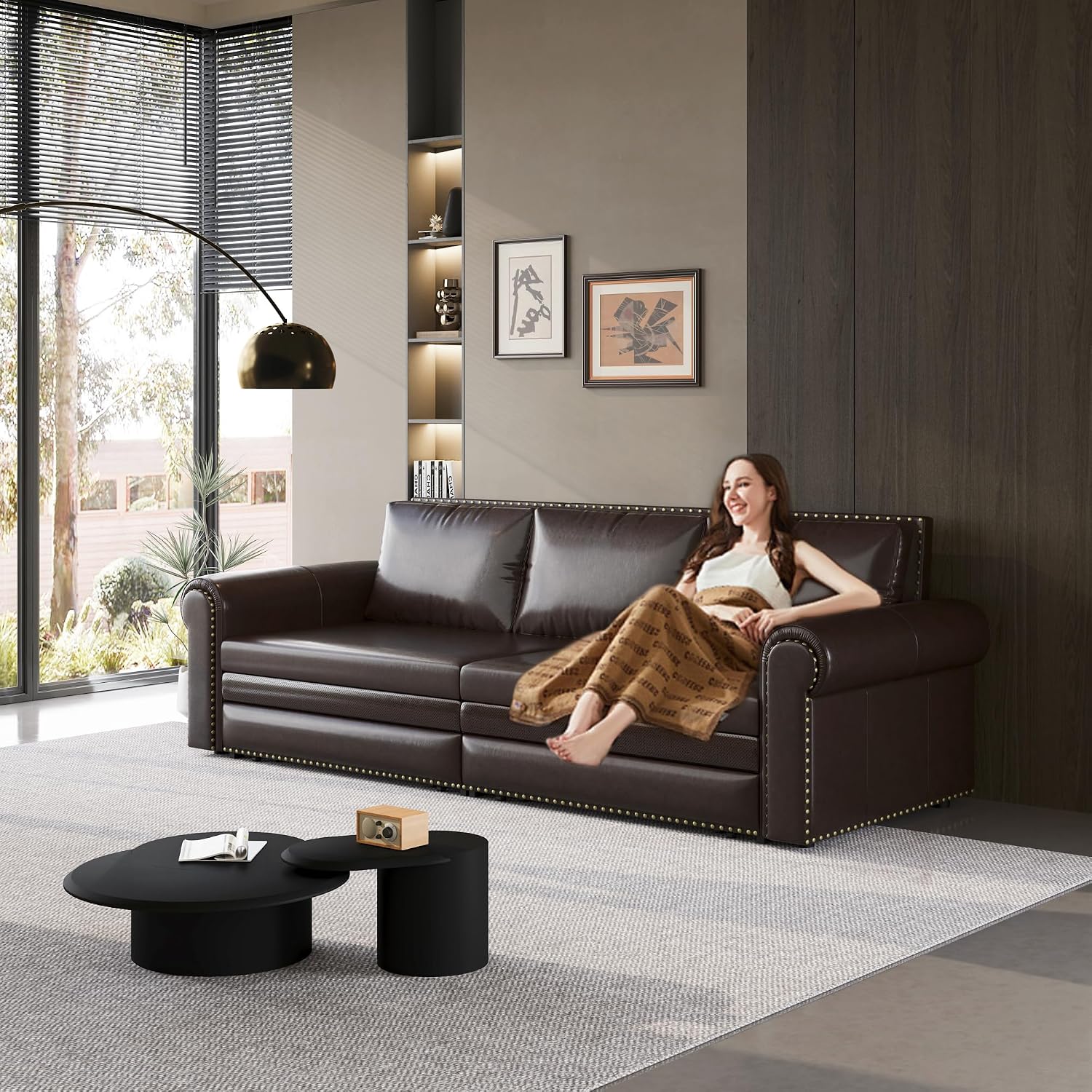 93.7' King Size Sleeper Sofa Bed, Pull Out Sofa Bed, Faux Leather Upholstery, 3 in 1 Convertible Sleeper Couch, Chaise Lounge, Retro Recliner for Living Room, Office, Apartment, Dark Brown