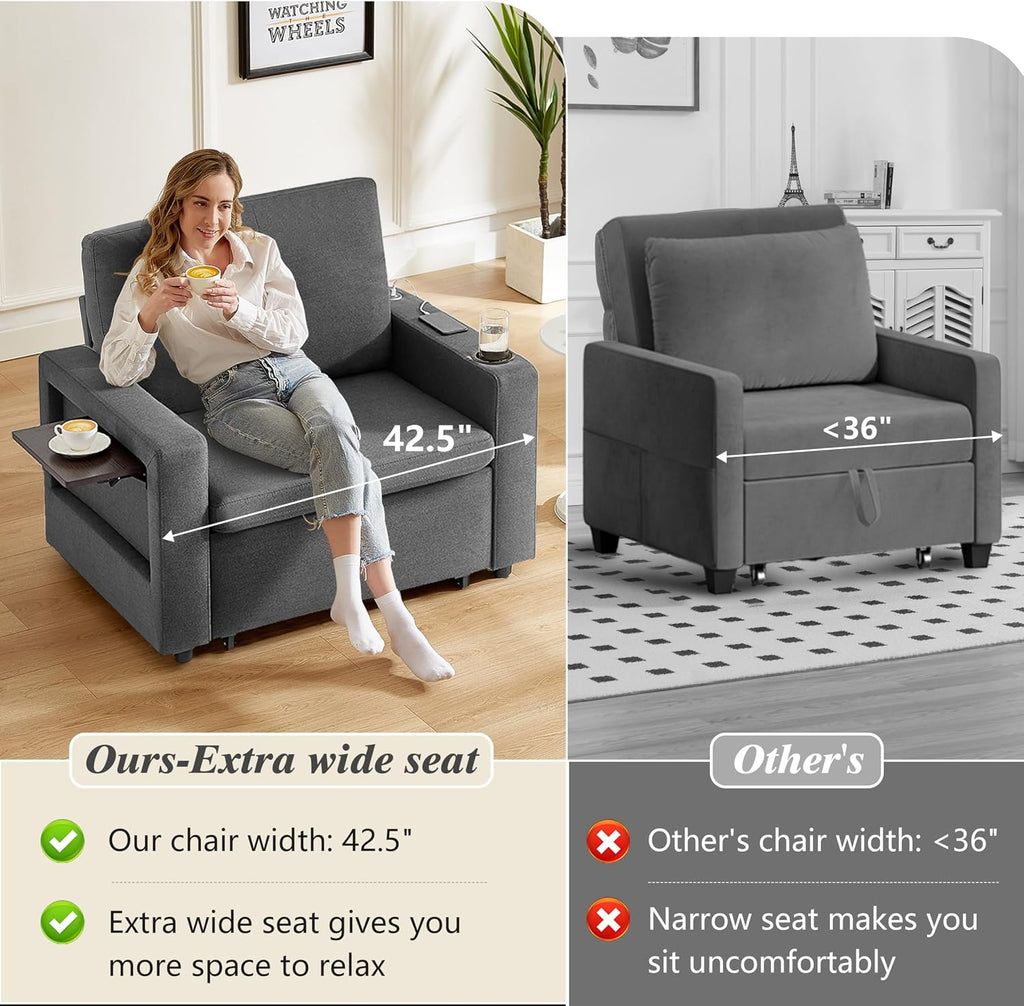 WEUP 42.5' Sleeper Sofa Chair Bed, 3-in-1 Convertible Sleeper Chair with Pull Out Bed, Adjustable Reclining Backrest, Side Pockets, Cup Holder, USB Ports & Wing Table, Premium Dark Grey
