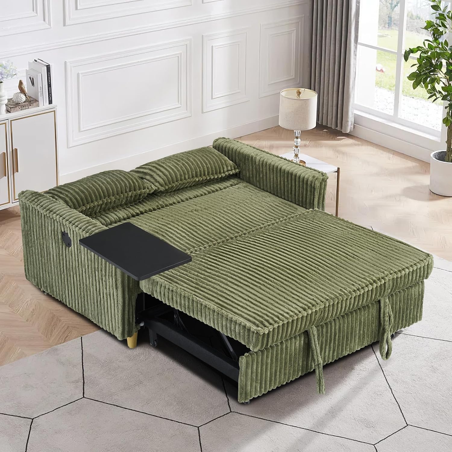 54'W Convertible Sleeper Sofa Bed,3-In-1 Corduroy Pull Out Couch Bed,Futon Loveseat Sleeper Couch with Adjustable Backrest & USB Ports & Side Table,Recliner for Living Room/Office/Small Space(Green)