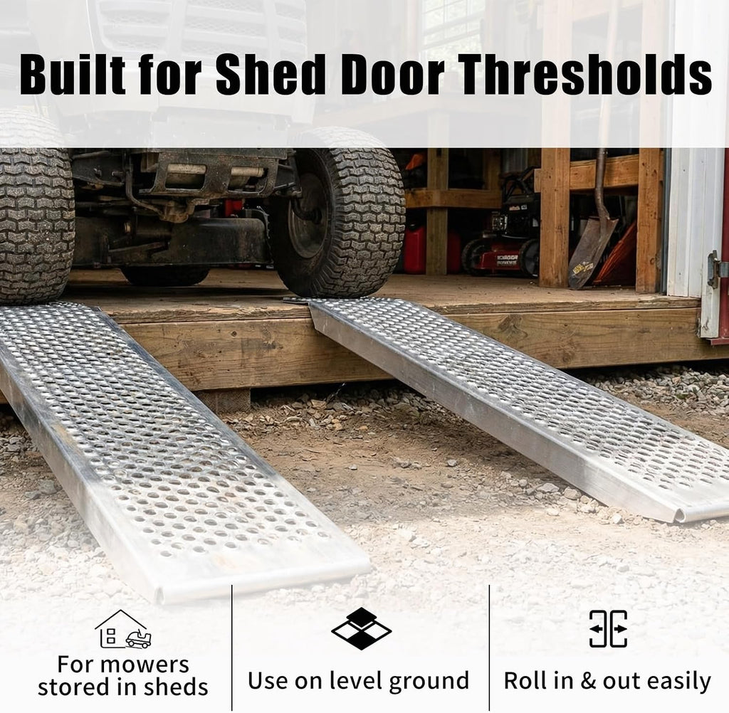 Aluminum Shed Threshold Entry Ramps for Lawn Mower, 2-Pack, 58.81' x 7.87', Punched Plate Traction, 880 lb per Pair