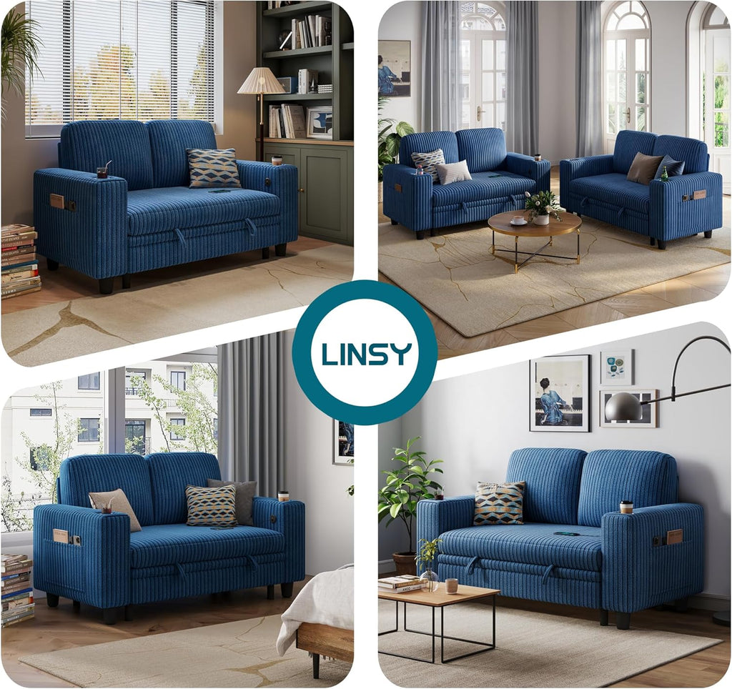 LINSY HOME Pull Out Loveseat Sofa Sectional Sleeper Sofa, Plush Corduroy Love Seat Couch Pullout Modular Sectional Couches for Living Room Apartment Bedroom (Blue)