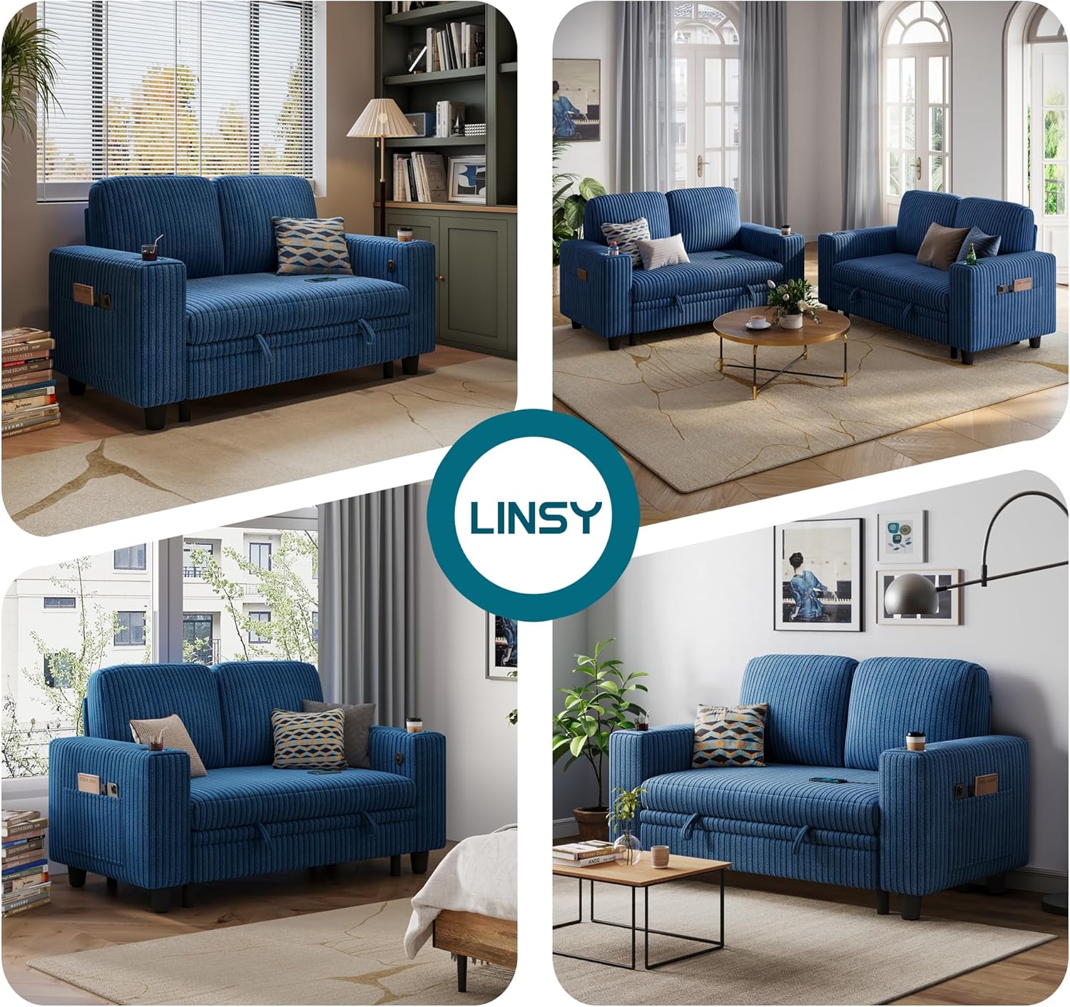 LINSY HOME Pull Out Loveseat Sofa Sectional Sleeper Sofa, Plush Corduroy Love Seat Couch Pullout Modular Sectional Couches for Living Room Apartment Bedroom (Blue)