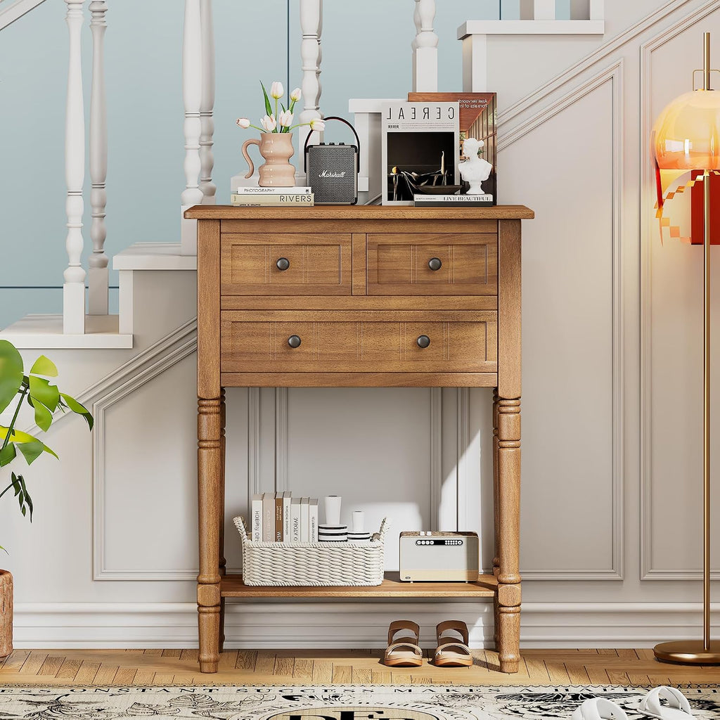 Merax Narrow Console Table, Elegant Slim Entryway Table Sofa Table with Three Storage Drawers and Bottom Shelf for Entryway for Hallway, and Living Room (Natural)