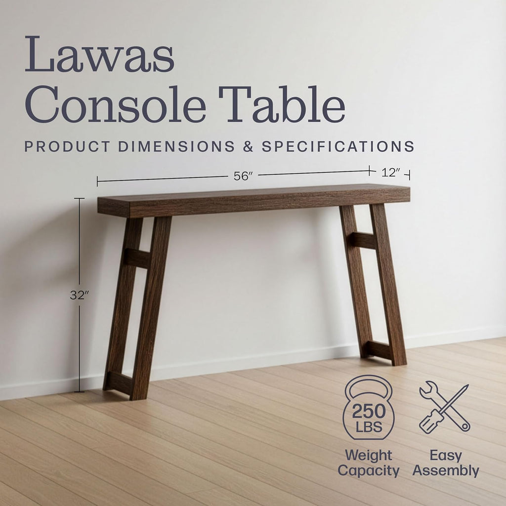 Alaterre Furniture Lawas Solid Wood Console Table - 56 Inch Modern Farmhouse Entryway Table - Easy Assembly Living Room Furniture for Behind The Couch, Entryway, or Hallway (Brown)