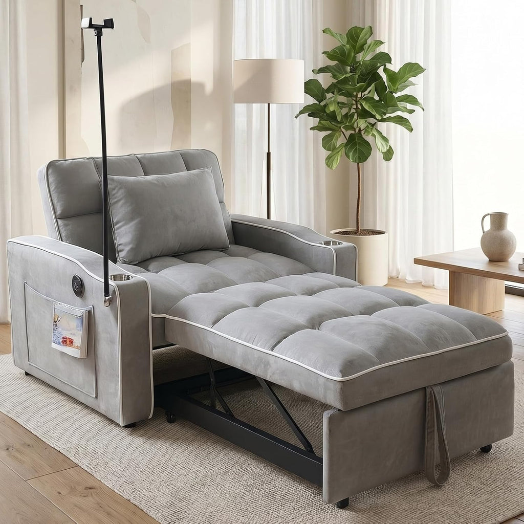 Majnesvon Modern Velvet Fabric Sofa Bed Futon,3 in 1 Convertible Pullout Bed Couches with 3 Reclining Backrests,Phone Stand,Small Sofa Single Sleeper Chair Bed for Living Room Bedroom (Grey)