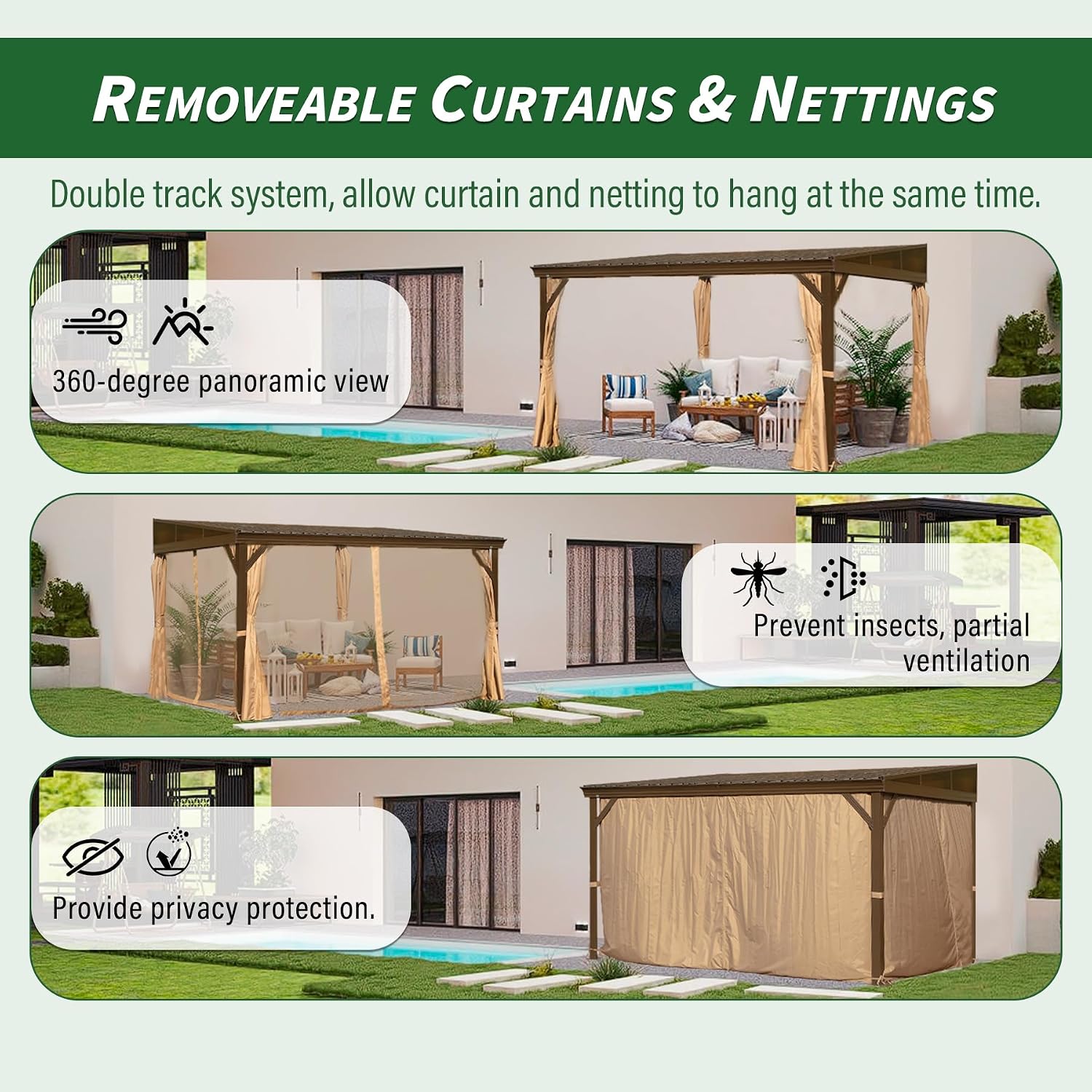 Domi 8' x 12' Lean to Gazebo with Aluminum Frame, Wall Mounted Gazebo Hardtop Galvanized Steel Sloping Roof with Curtains and Netting for Patio Deck Backyard Lawn Party