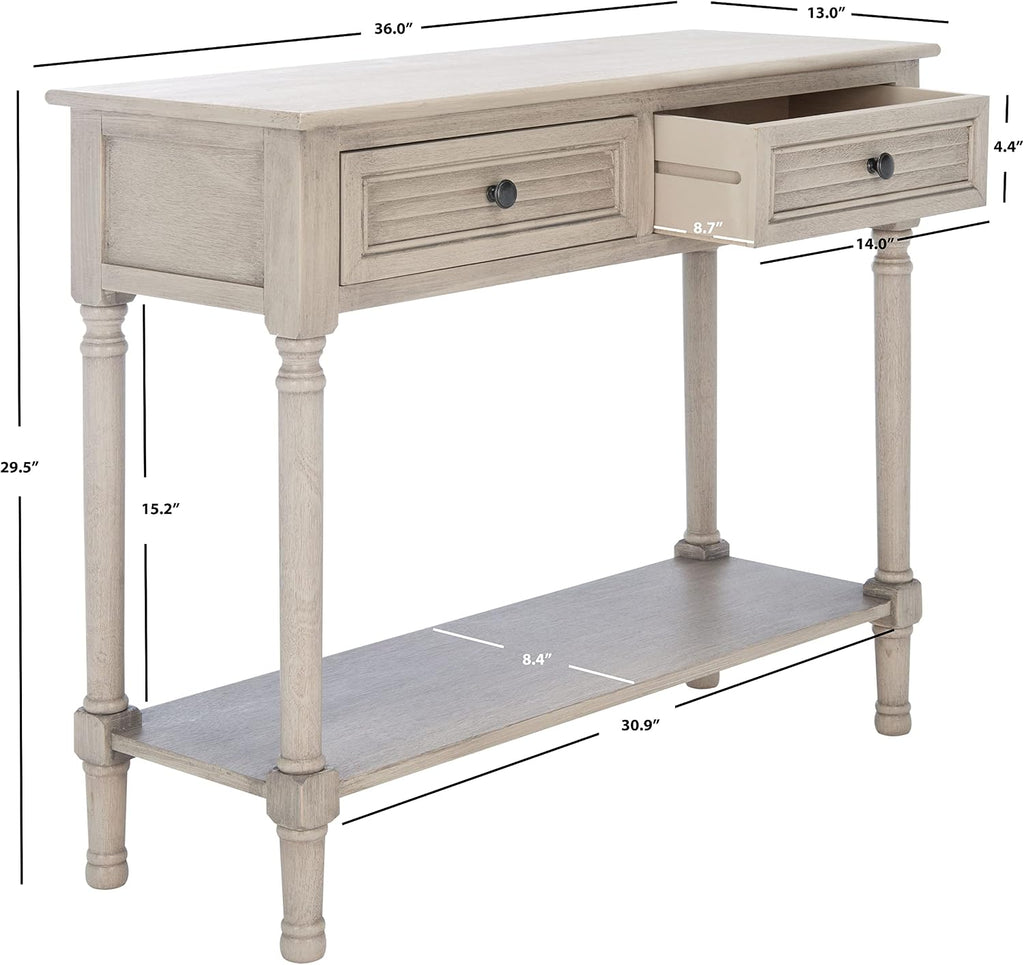 SAFAVIEH Home Collection – Tate Greige 2-Drawer Console Table with Shelf, Turned Leg Farmhouse Accent Console for Entryway or Living Room (CNS5720D)