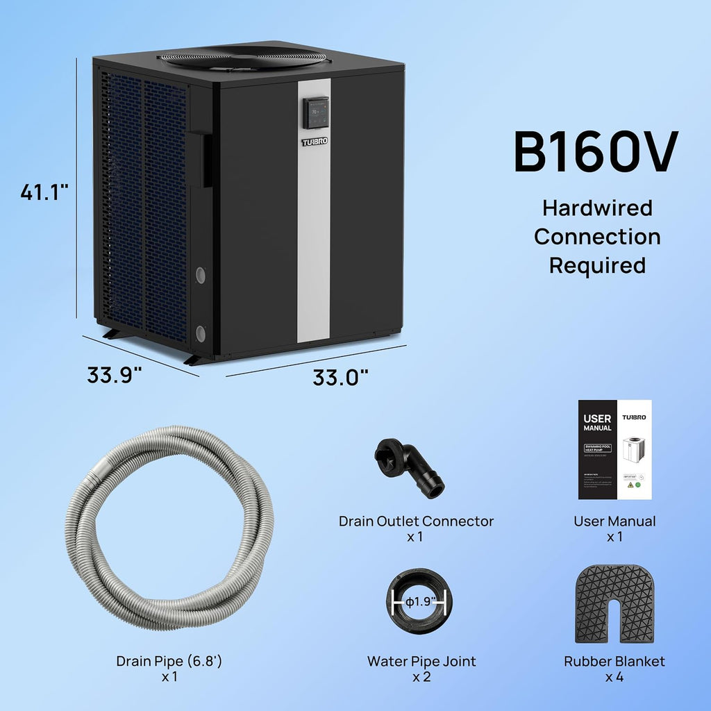 TURBRO 143,450 BTU Full DC Inverter Swimming Pool Heat Pump, Up to 40,000 Gallons, WiFi Control Pool Heater for in/Above Ground Pools and Spas, Max. COP of 14.67, 220-240V, Beluga B160V