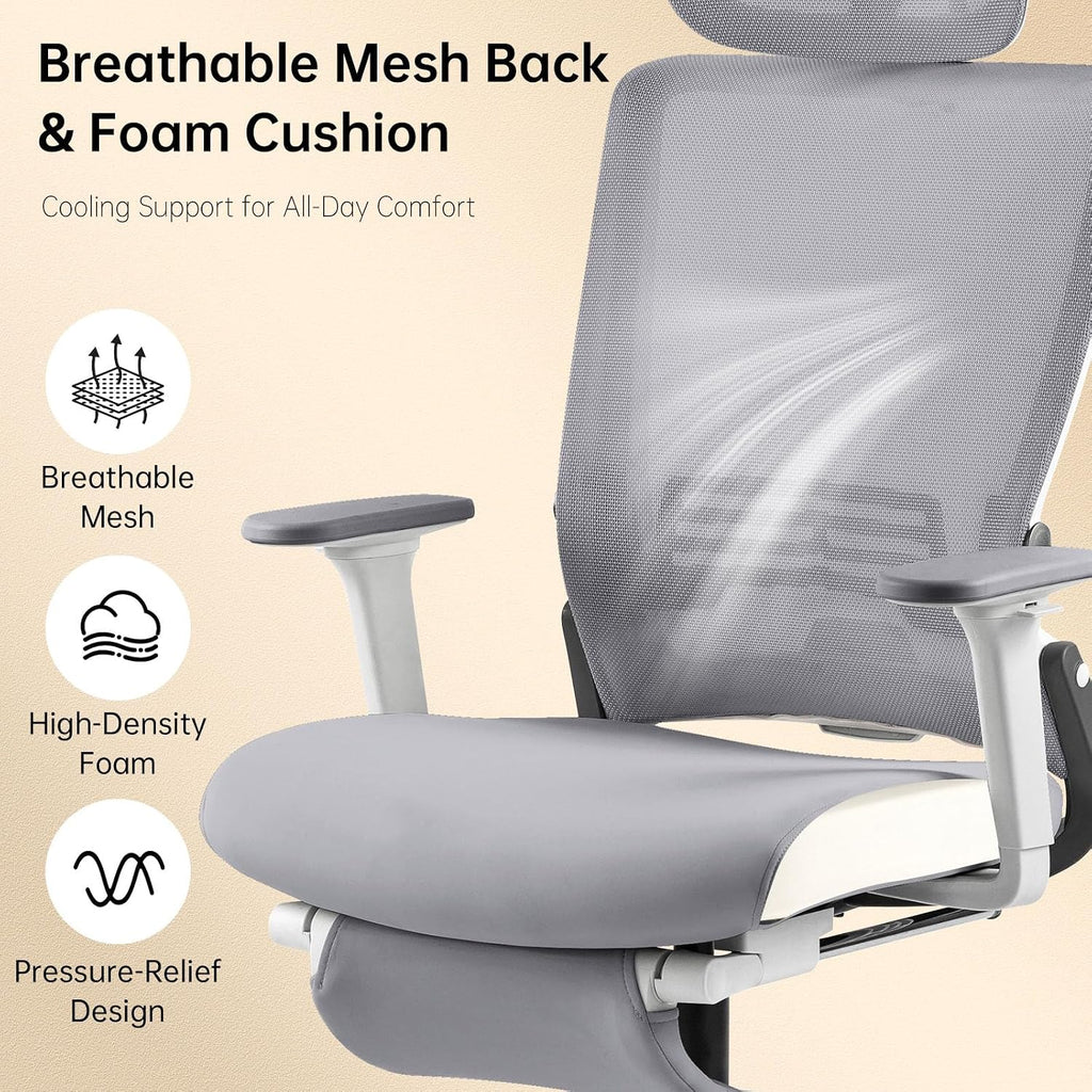 Foldable Office Chair with Foot Rest, Ergonomic Office Chair with Adjustable Lumbar Support, Headrest, Armrest, Home Office Desk Chairs for Space Saving, Grey