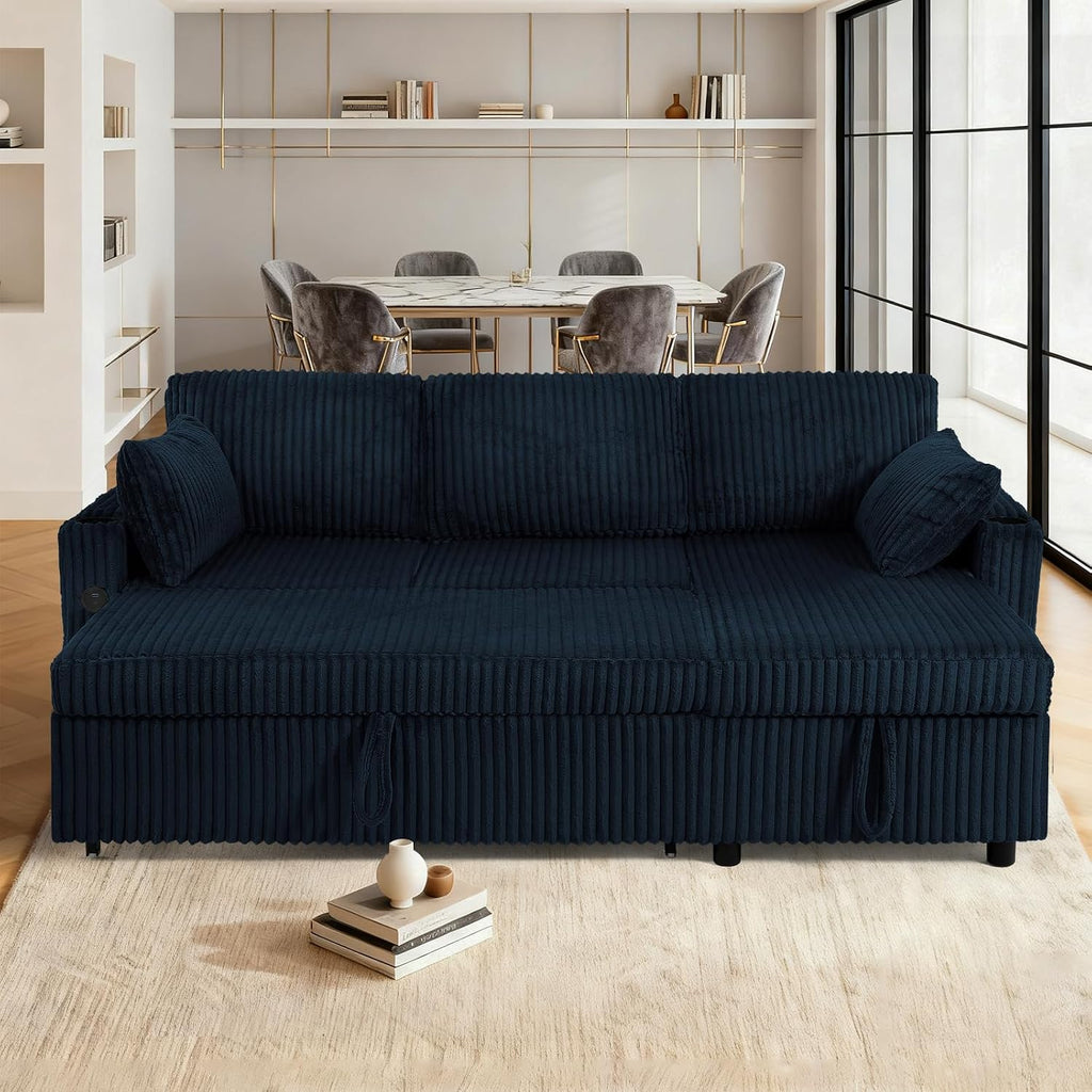 84' Corduroy Pull Out Sofa Bed w/Adjustable Backrests, Sectional L-Shape Sleeper Sofa w/Storage Chaise, Convertible Couch Bed w/USB Charging Port & Cup Holders for Living Room, House, Blue