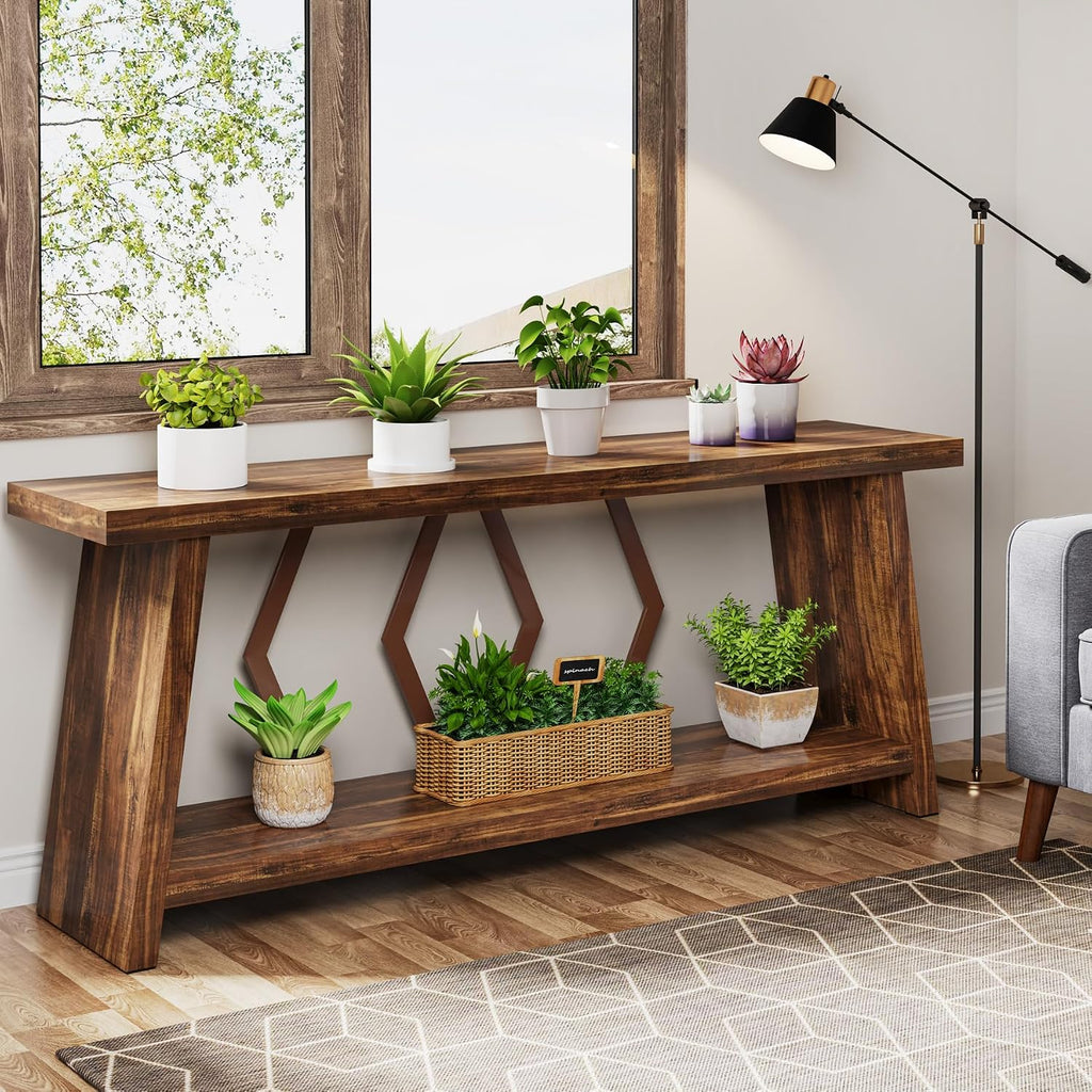 Tribesigns 70.86-Inch Farmhouse Console Table, Industrial Narrow Long Sofa Entryway Table with Storage, 2-Tier Wood Couch Foyer Accent Table for Living Room, Hallway, Entrance (Brown)
