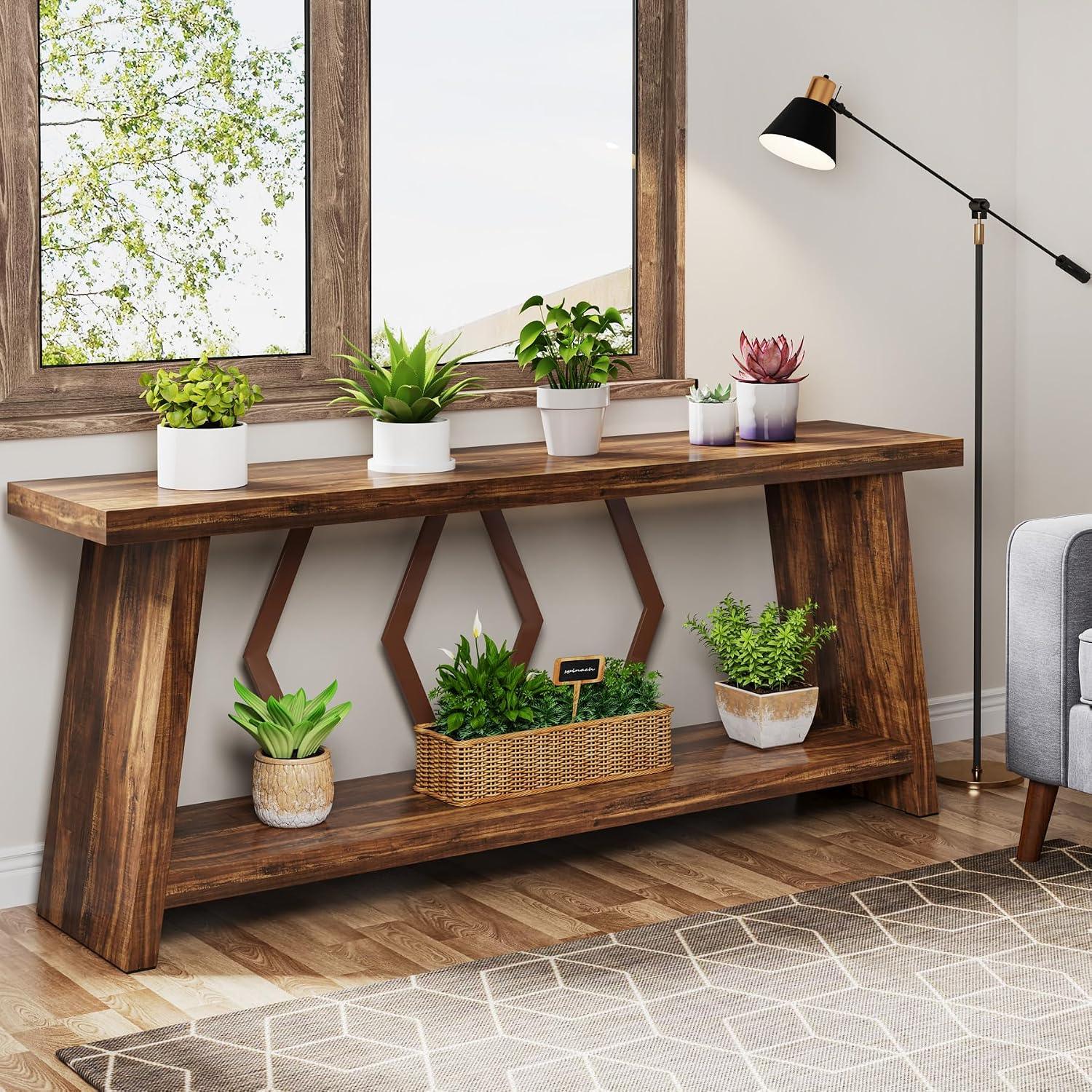 Tribesigns 70.86-Inch Farmhouse Console Table, Industrial Narrow Long Sofa Entryway Table with Storage, 2-Tier Wood Couch Foyer Accent Table for Living Room, Hallway, Entrance (Brown)