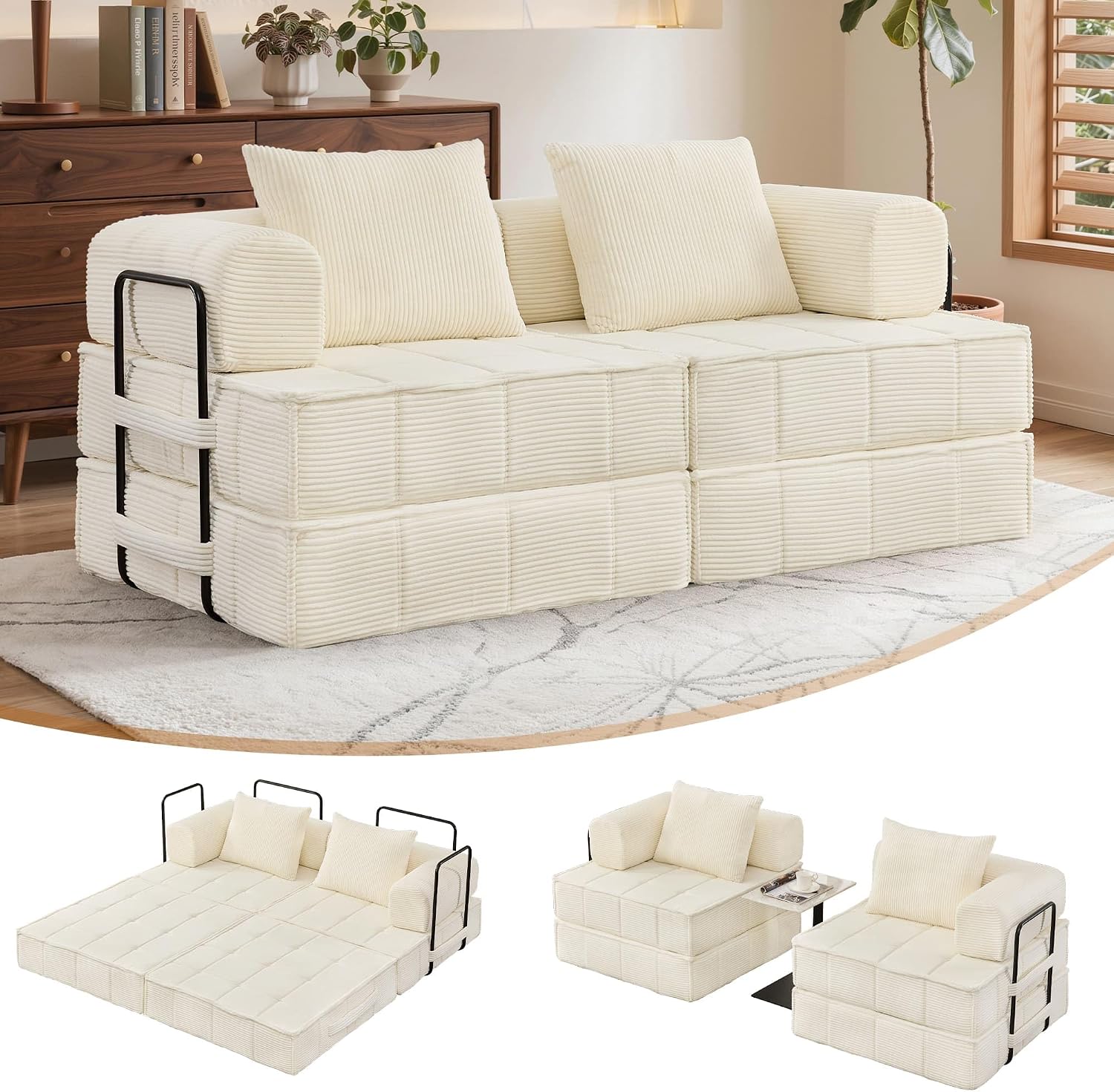 Korser Folding Convertible Sofa Bed, Corduroy Upholstered Boneless Couch, Small Sectional Cloud Couch, Loveseat Sleeper Sofa, Modular Futon Floor Sofa Couch for Living Room Bedroom Lounge, No Assembly
