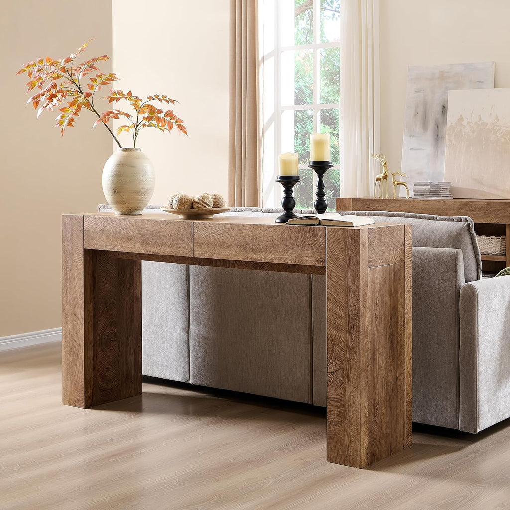 OKD Modern Entryway Console Table, Sofa Table with Drawers, 63' Long Hall Table Behind Couch, Thick Wood Design for Living Room, Hallway - Light Knotty Oak