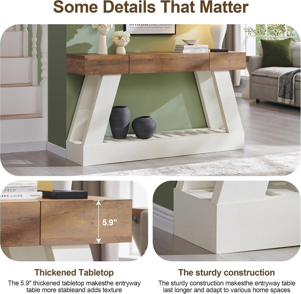 OKD 60' Farmhouse Entryway Table with Drawer, Console Table Behind Sofa, Narrow Long Entryway for Hallway, Living Room, Hallway, Behind Couch(Antique White)