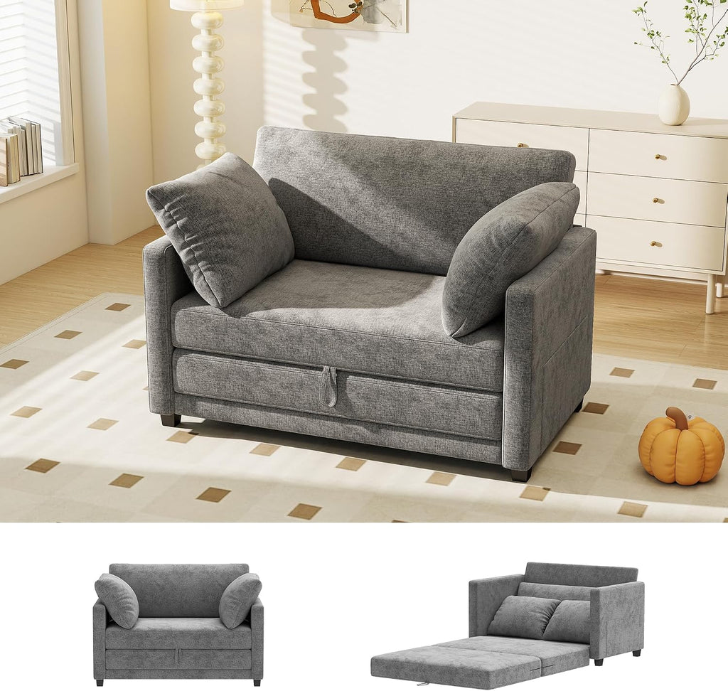 Myroyalsit 51' Convertible Sofa Bed, 2 in1 Folding Sofa Bed, Loveseat Sleeper Sofa for Small Spaces, Fold Out Floor Couch with 2 Pillows for Apartment, Living Room & Guest Room, Grey Chenille Fabric