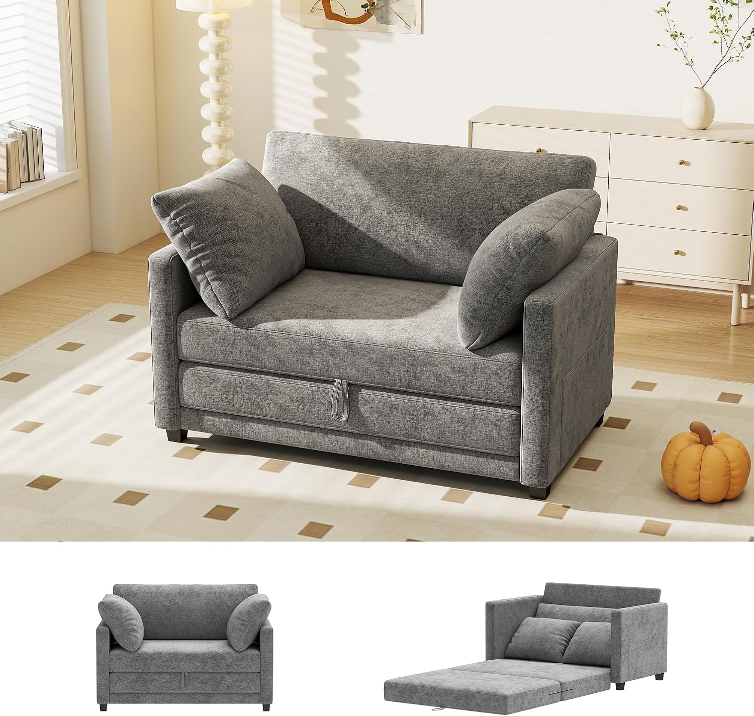 Myroyalsit 51' Convertible Sofa Bed, 2 in1 Folding Sofa Bed, Loveseat Sleeper Sofa for Small Spaces, Fold Out Floor Couch with 2 Pillows for Apartment, Living Room & Guest Room, Grey Chenille Fabric