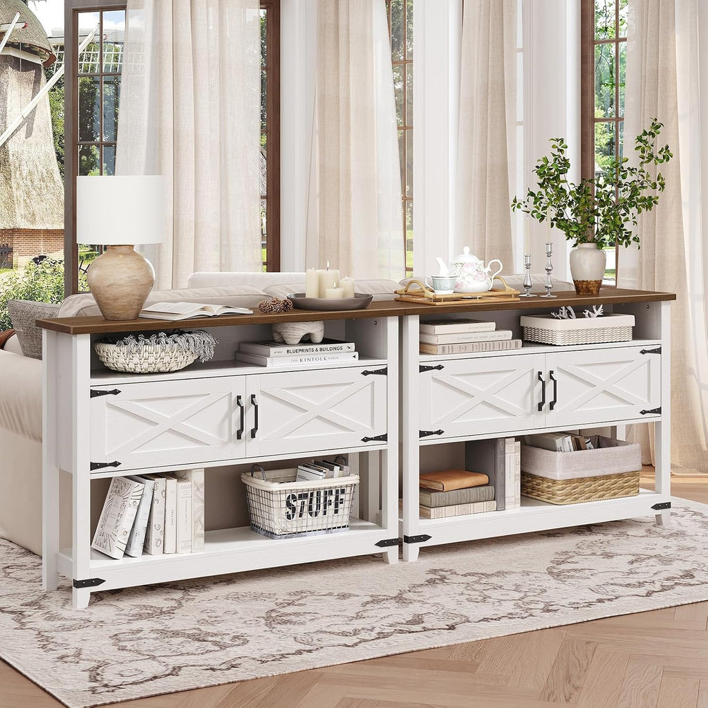 HOOBRO Farmhouse Console Table with Storage, 47.2' Long Entryway Table, White Sofa Table with Doors and Cabinets, Narrow Sofa Table Behind Couch, for Hallway, Foyer, White and Walnut