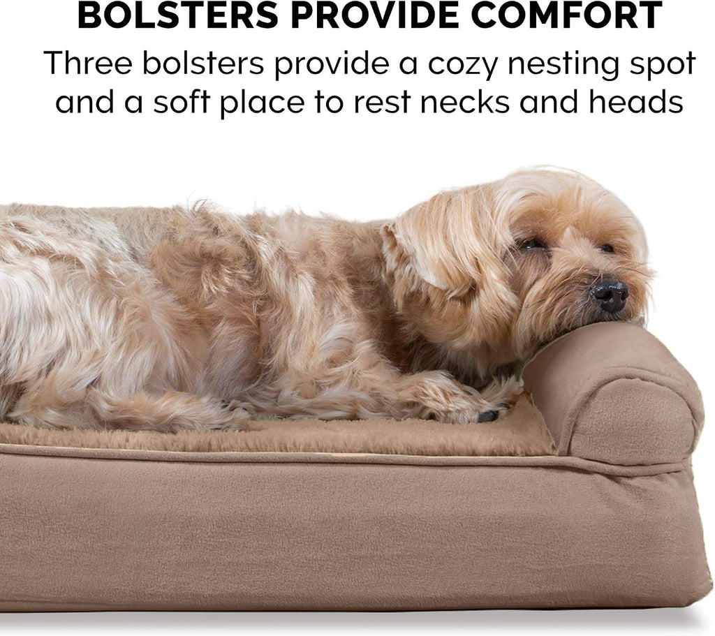 Furhaven Cooling Gel Dog Bed for Large Dogs w/ Removable Bolsters & Washable Cover, For Dogs Up to 125 lbs - Plush & Suede Sofa - Almondine, Jumbo Plus/XXL