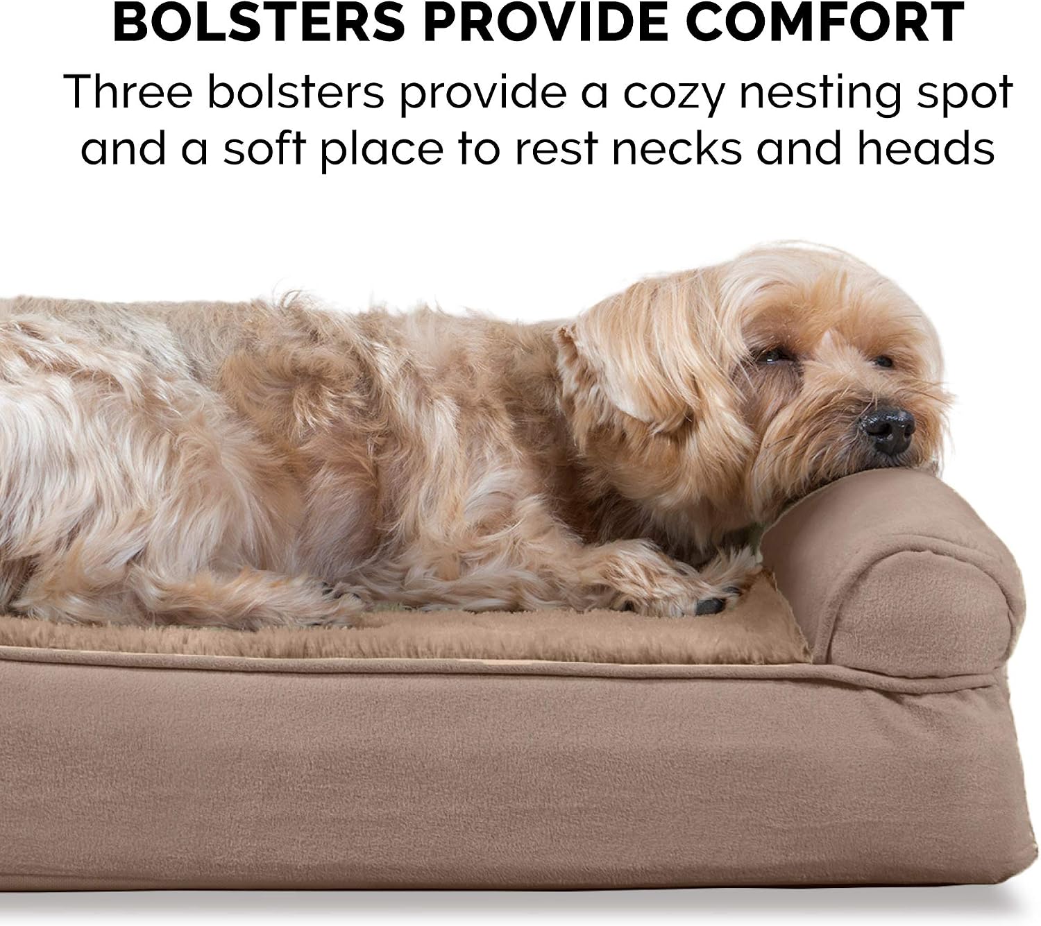 Furhaven Cooling Gel Dog Bed for Large Dogs w/ Removable Bolsters & Washable Cover, For Dogs Up to 125 lbs - Plush & Suede Sofa - Almondine, Jumbo Plus/XXL