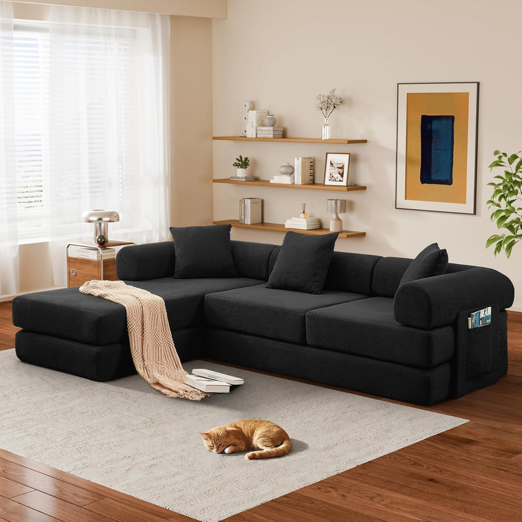 Modular L Shaped Sofa Bed with Cylindrical Pillow & Reversible Chaise, Corduroy Convertible Floor Boneless Sofa Couch Bed with Fixed-Shape Frame & Storage Pocket for Living Room, Black