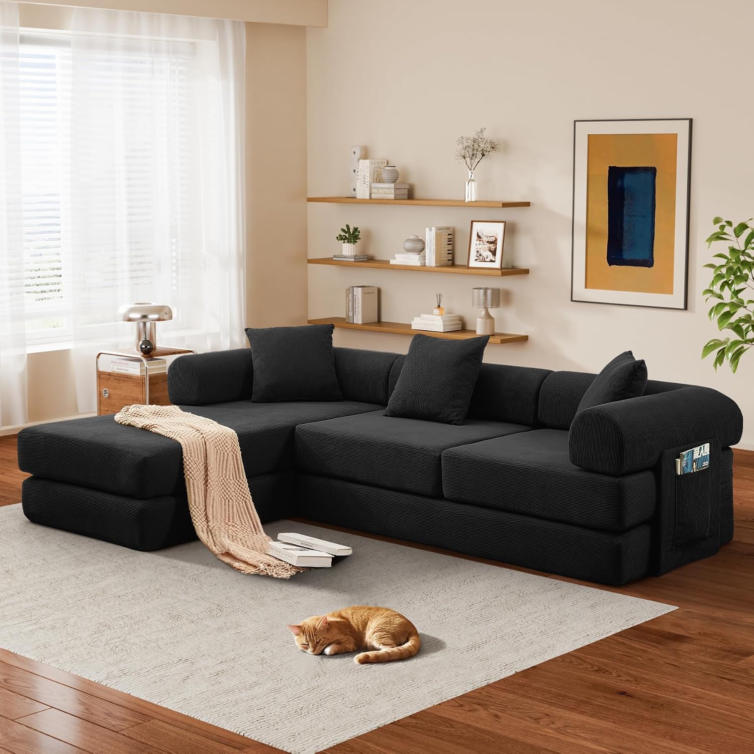 Modular L Shaped Sofa Bed with Cylindrical Pillow & Reversible Chaise, Corduroy Convertible Floor Boneless Sofa Couch Bed with Fixed-Shape Frame & Storage Pocket for Living Room, Black