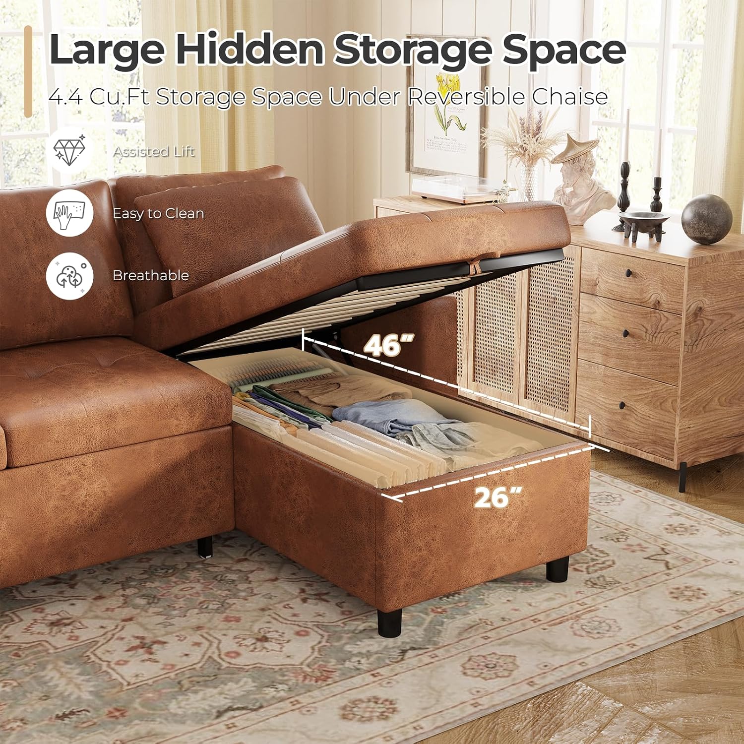 Esright Sleeper Sofa Bed, 3-in-1 Pull Out Couch with Reversible Chaise, Leather Sleeper Sofa with Storage, USB, Cup Holder, Pullout Sectional Couches for Apartment Living Room, Brown