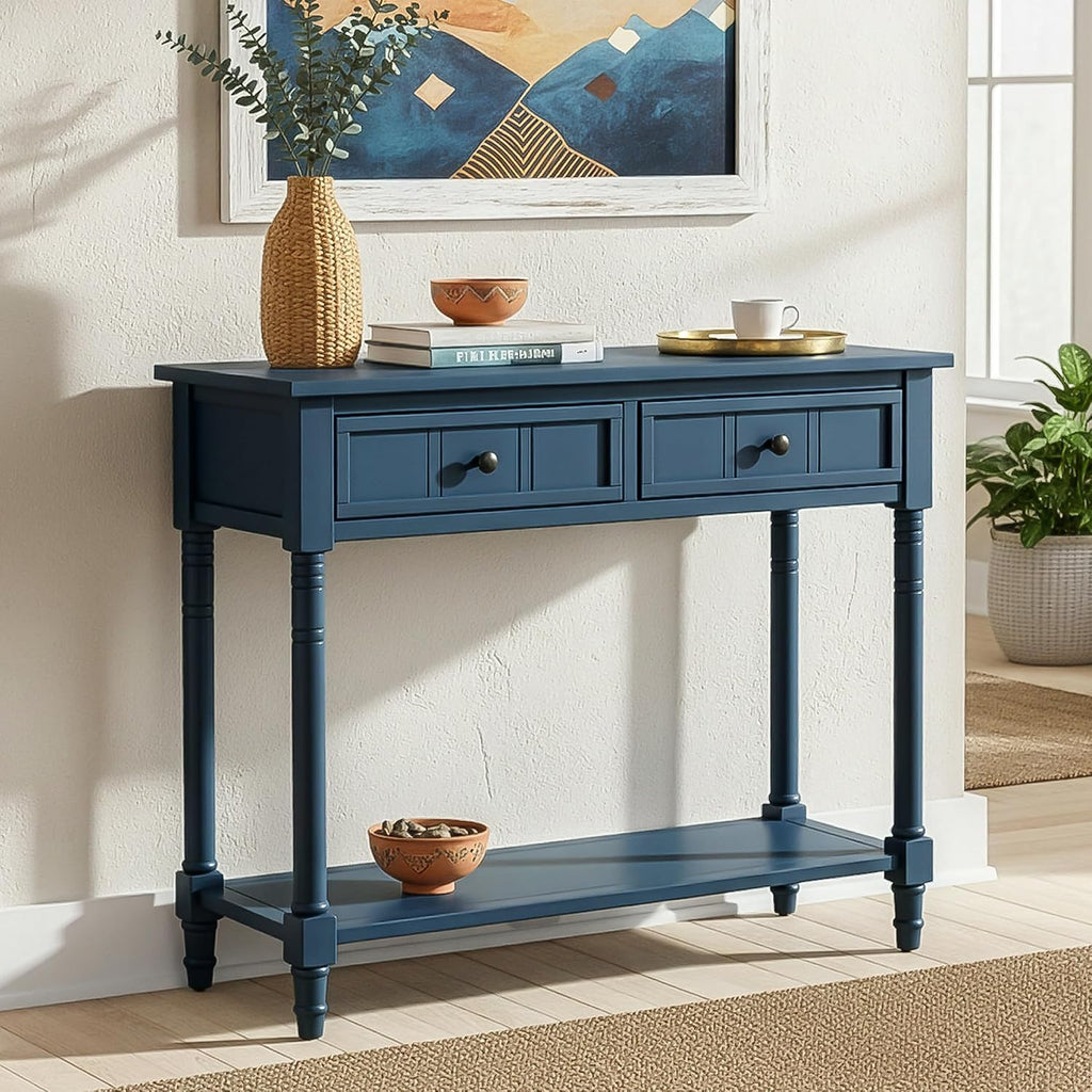 Knocbel Antique Entry Console Table with 2 Drawers & Bottom Open Shelf, Wood Sofa Tables for Entryway Hallway Living Room, 35.34' W x 13.8' D x 30.25' H, Dark Navy