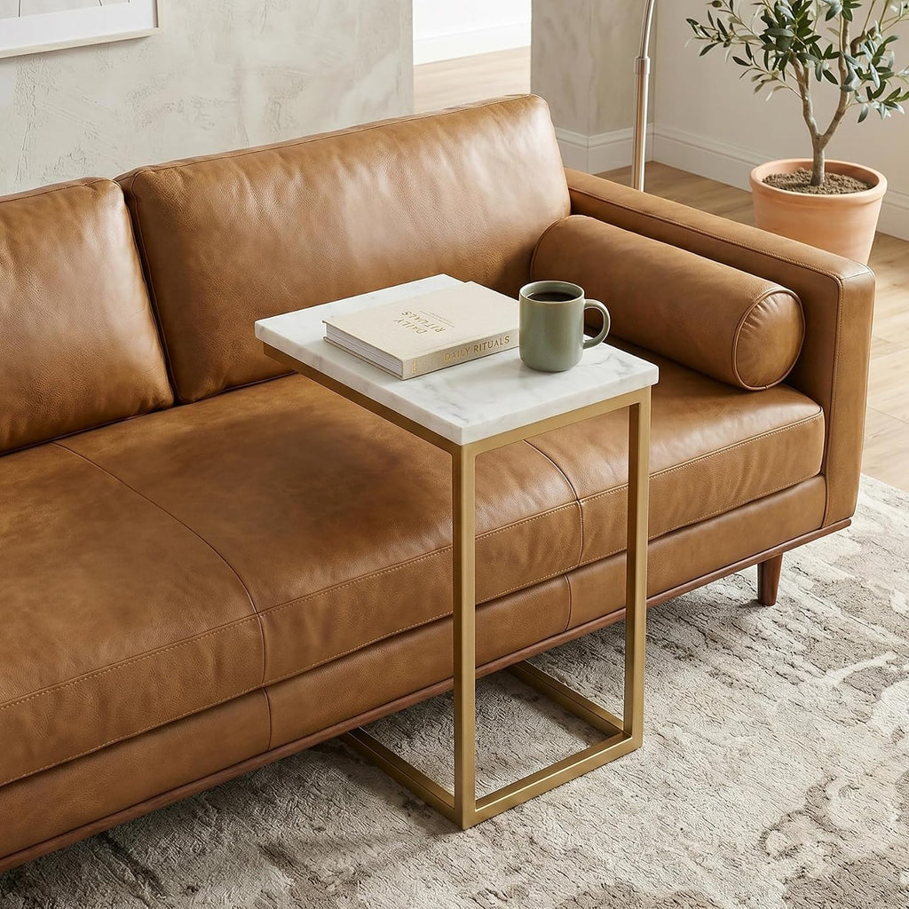 SIMPLIHOME Skyler Metal Table - 18' Wide x 24' High Solid Iron C-Side Table with Genuine White Marble Top in Gold, Contemporary Accent End Table for Living Room or Home Office with Slide-Under Design