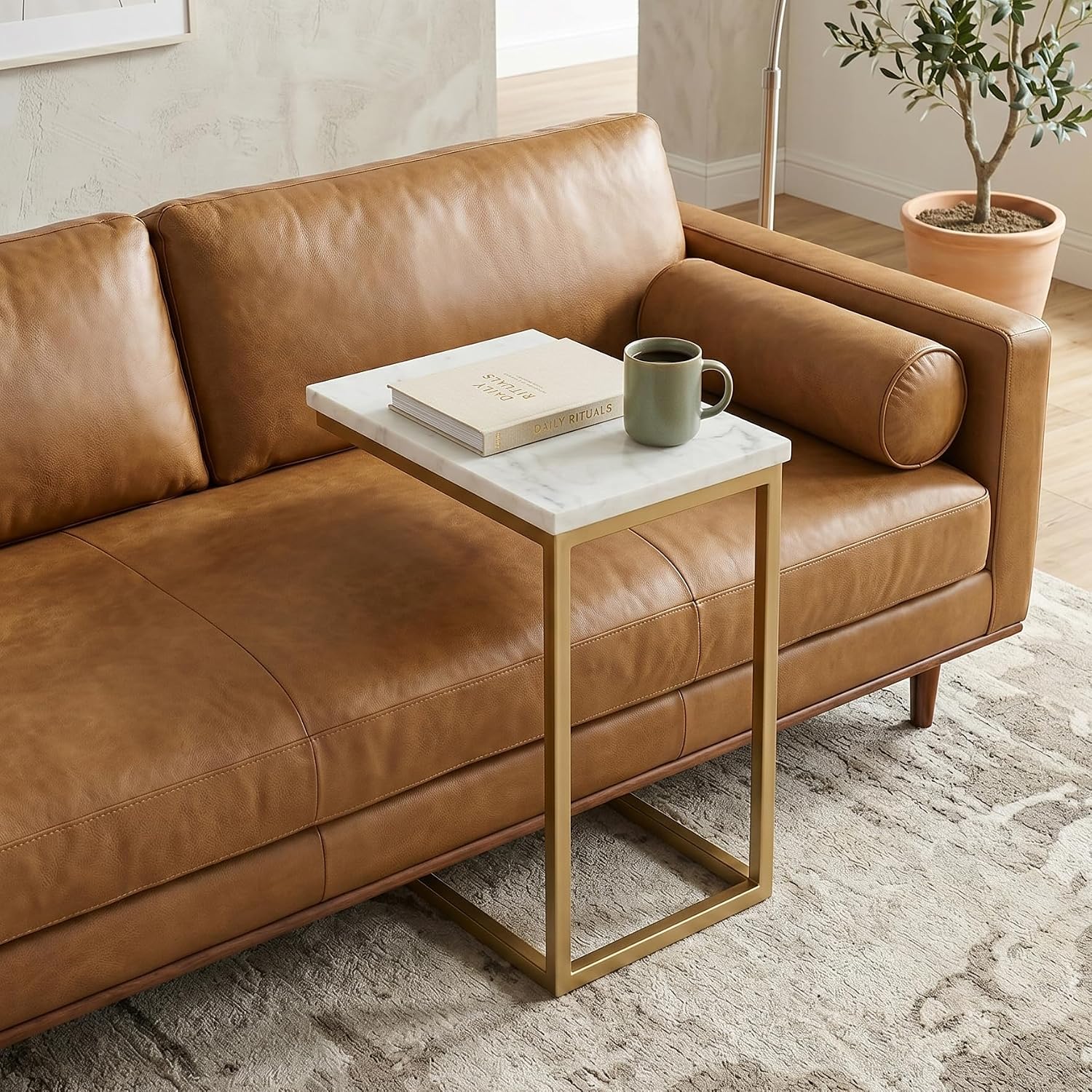 SIMPLIHOME Skyler Metal Table - 18' Wide x 24' High Solid Iron C-Side Table with Genuine White Marble Top in Gold, Contemporary Accent End Table for Living Room or Home Office with Slide-Under Design