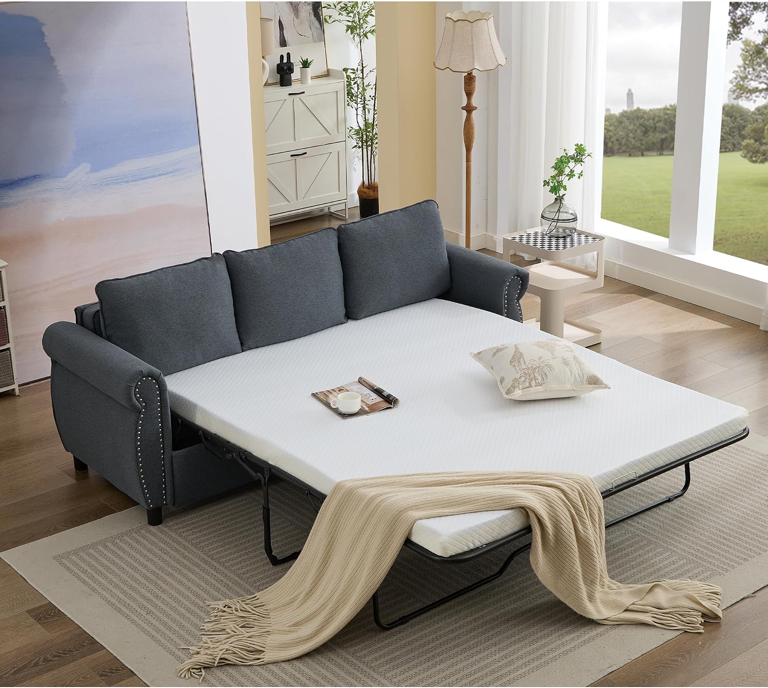 81.5'' Pull Out Couch Queen Size, Convertible Sleeper Sofa Bed, Upholstered Linen 3-Seater Sofa with Pull Out Bed, Mattress, Rivet, Deep Couches for Living Room, Apartment, Dark Grey