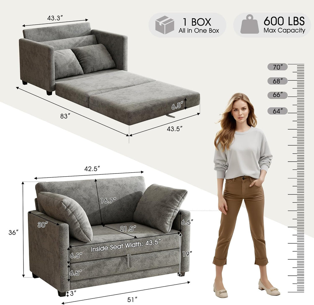 51' Loveseat Sleeper Sofa Bed, Chenille Convertible Floor Sofa Bed for Small Spaces, Folding Couch Bed with Deep Seat, 2 Pillows & Solid Frame, Pull Out Floor Couch for Living Room, Grey