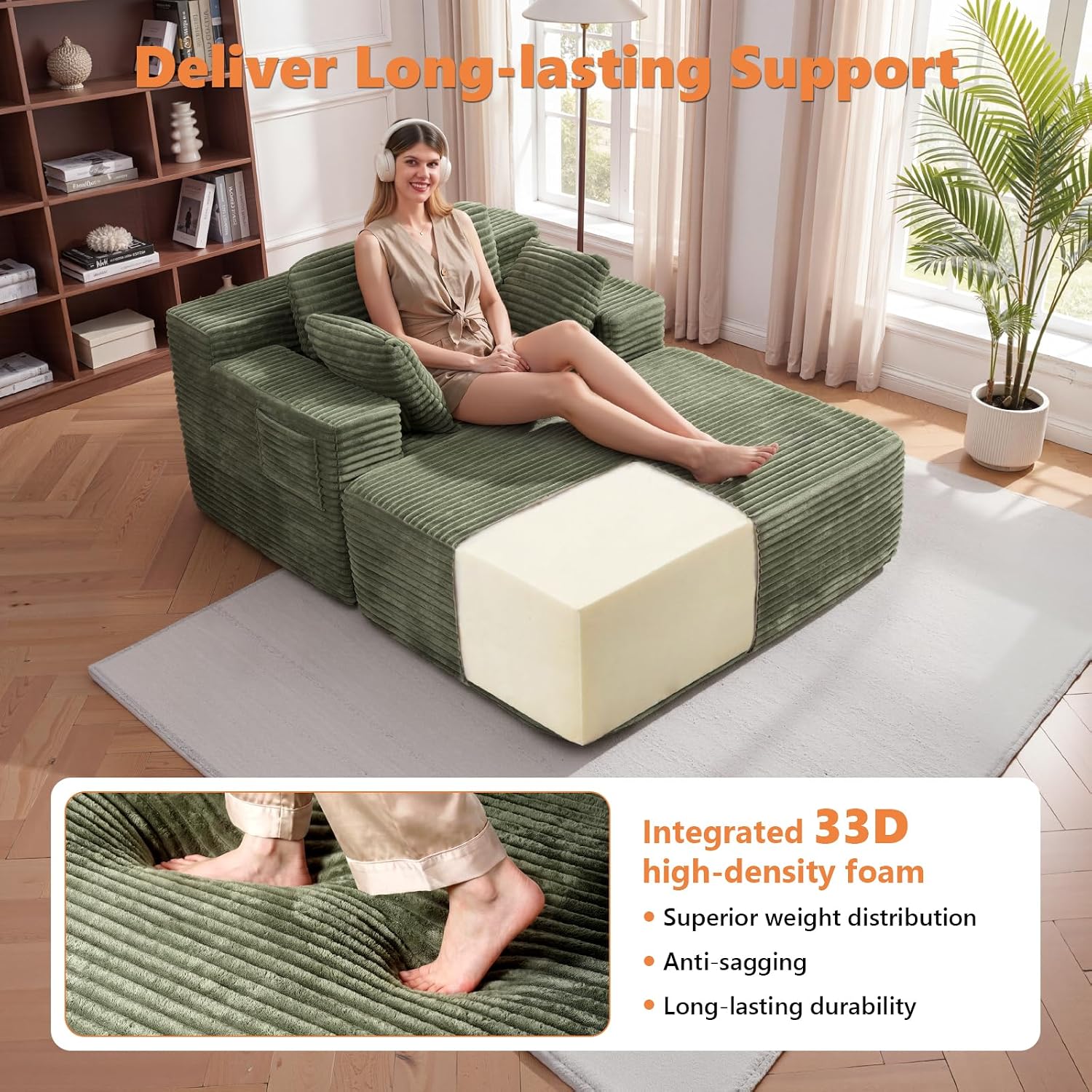 67' Oversized Chaise Lounge Chair Indoor with Ottoman and Double Side Pockets, Corduroy Deep Seat Couch, Boneless Couches for Living Room, No Assembly, Green