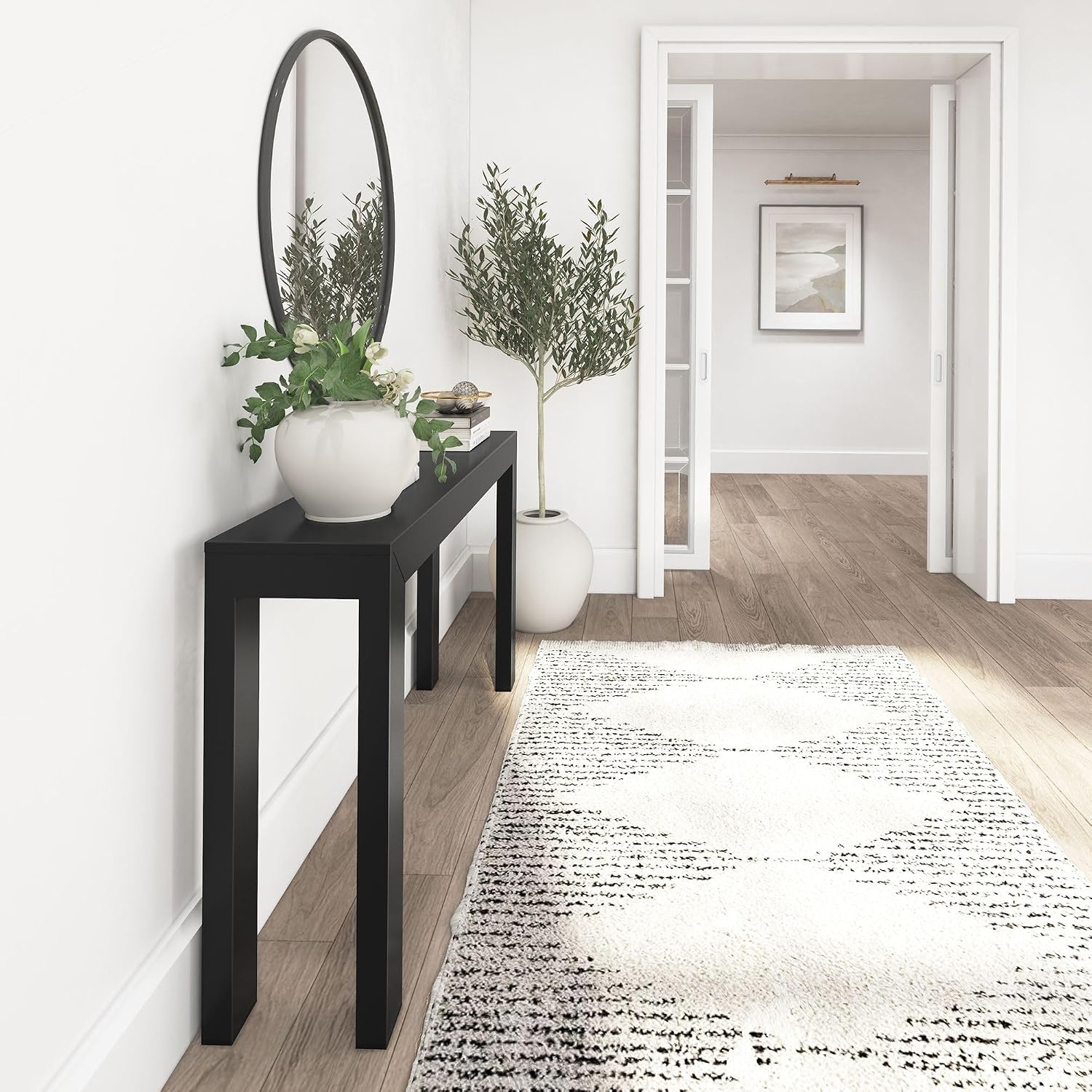 Plank+Beam Modern Solid Wood Console Table, 56 Inch, Sofa Table, Narrow Entryway Table for Hallway, Behind the Couch, Living Room, Foyer, Easy Assembly, Black