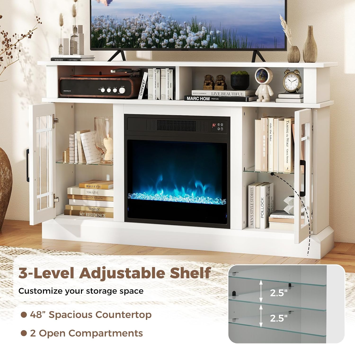 COSTWAY Electric Fireplace TV Stand for TVs Up to 55 Inches with LED Lights, 1400W Fireplace Insert with Remote, 48-Inch Wooden Media Entertainment Center with Adjustable Shelves, White