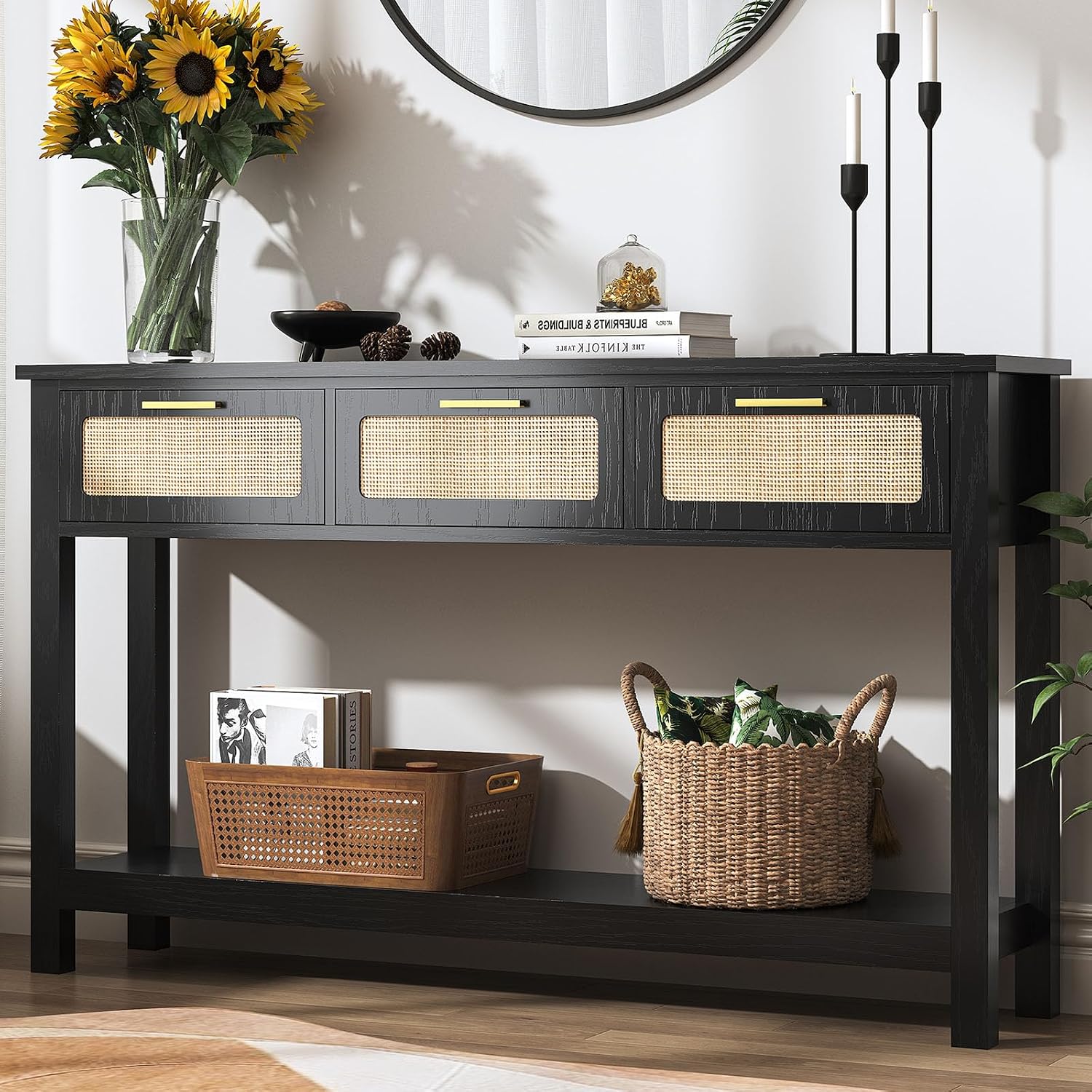 ELYKEN 51.2' Black Console Tables for Entryway, Rattan Entryway Table with 3 Drawer & Shelf, Narrow Long Sofa Table for Behind Couch Hallway, Entrance Entry Living Room