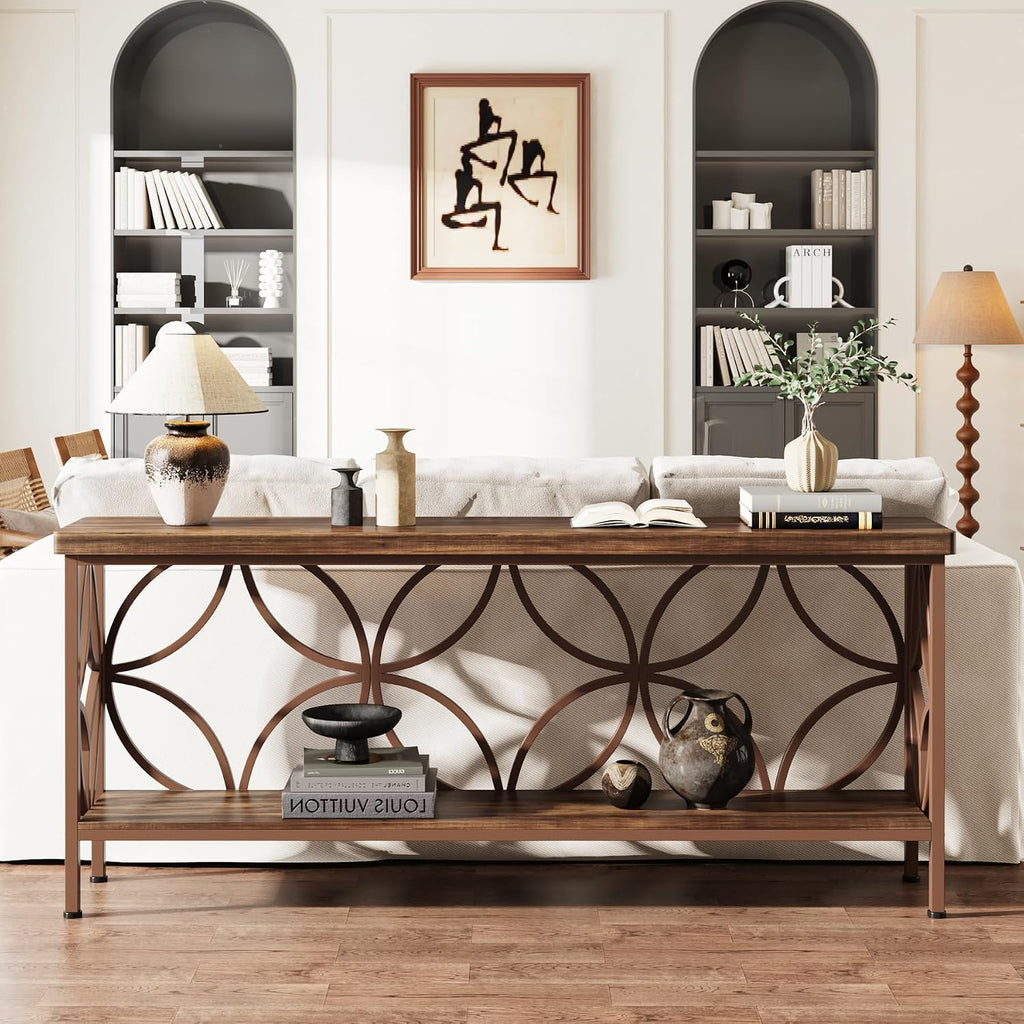 Tribesigns 70.9-Inch Narrow Sofa Table, 2-Tier Industrial Console Table Behind Couch, Long Entry Tables with Storage for Entryway, Living Room, Foyer, Hallway, Glossy Brown