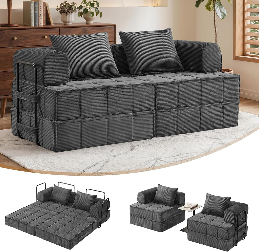 Korser Folding Convertible Sofa Bed, Corduroy Upholstered Boneless Couch, Small Sectional Cloud Couch, Loveseat Sleeper Sofa, Modular Futon Floor Sofa Couch for Living Room Bedroom Lounge, No Assembly