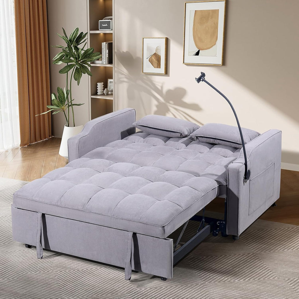 Antetek Sleeper Sofa Couch Bed with USB & Type C Port, Modern 3-in-1 Convertible Velvet Pull Out Loveseat Futon Sofa w/Phone Holder for Living Room Apartment, Adjustable Backrest, Light Grey