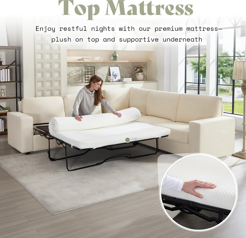 AMERLIFE 106' Oversized Sofa Bed, Sectional Sleeper Sofa with Pull Out Bed, 3 in 1 Convertible Sofa Bed, L Shaped Couch with Storage, High Resilience Mattress, Chenille Beige