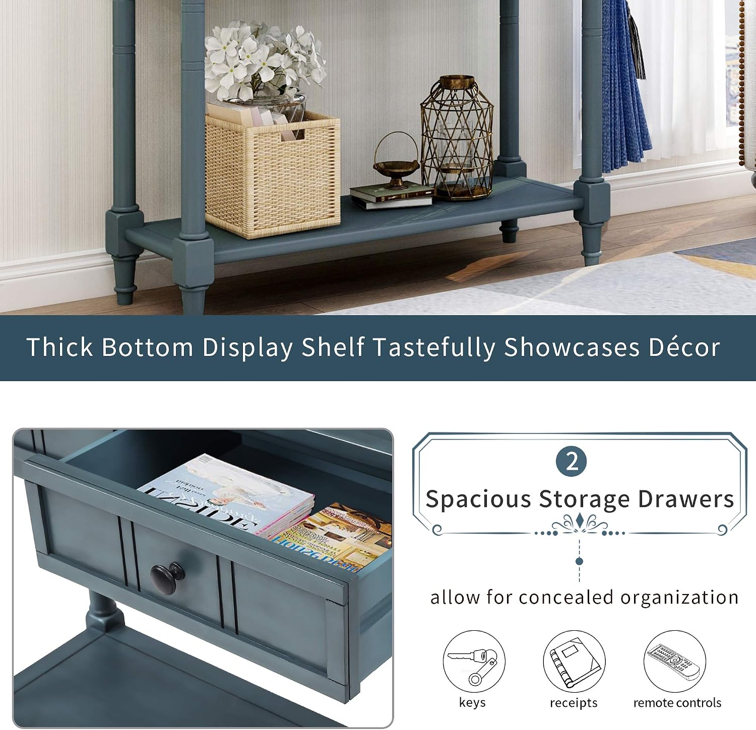 Knocbel 35.5 Inch Antique Entry Console Table with Drawers & Bottom Open Shelf, Solid Wood Sofa Couch Table for Entryway Hallway Living Room (Navy)