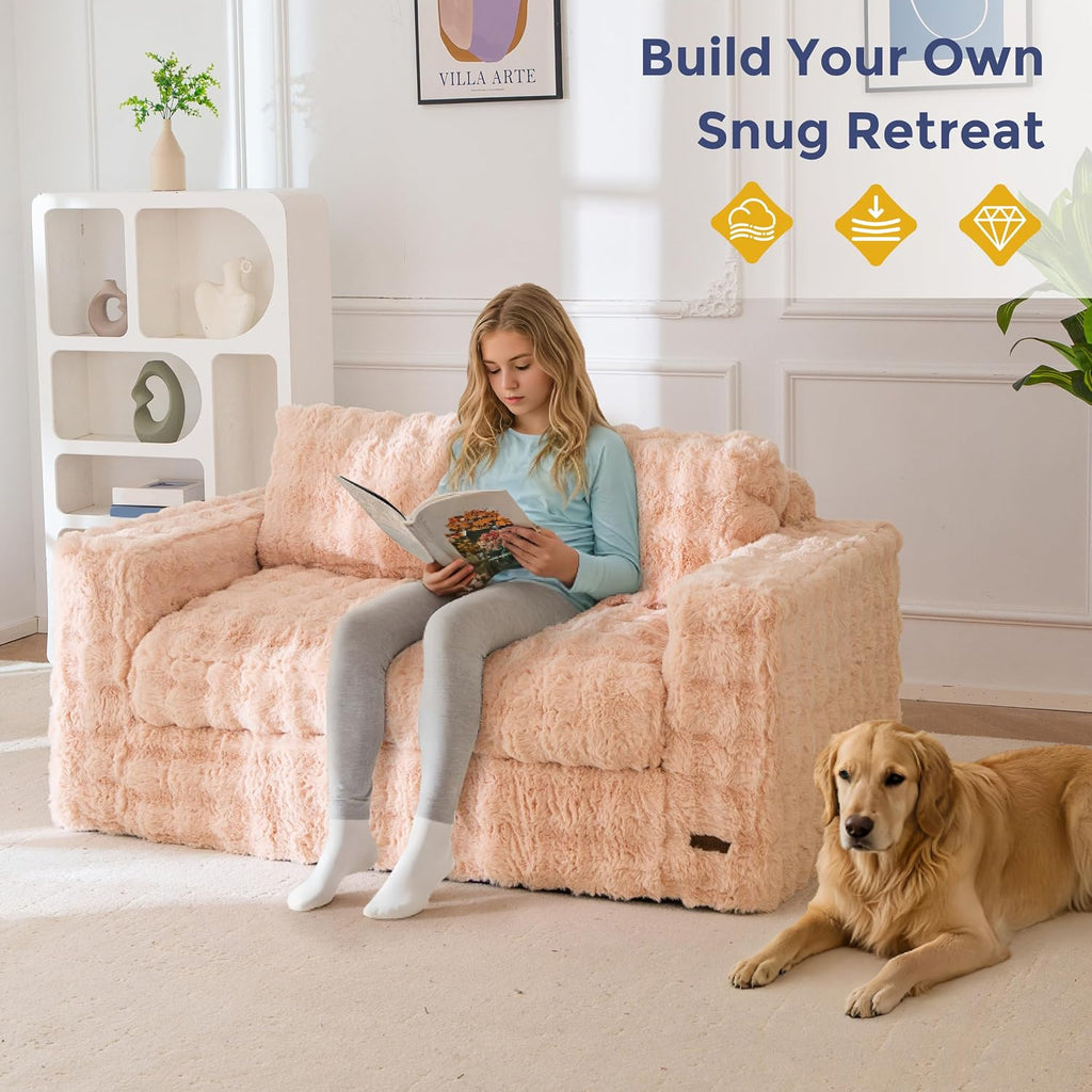 MAXYOYO Loveseat Sofa for Living Room, Small Sofa Couch Tufted Boneless Couch, Comfy Bean Bag Chair for Small Space Bedroom Apartment, No Assembly Needed, Pink