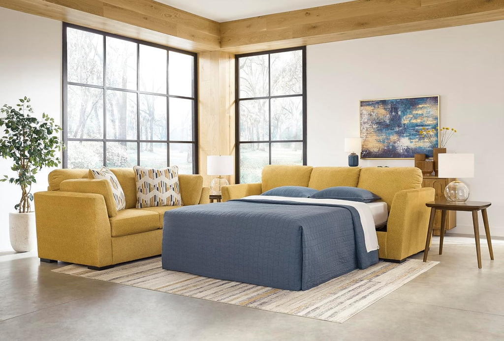 Signature Design by Ashley Keerwick Scandinavian 2-in-1 Sofa Sleeper with Folding Gel Memory Foam Mattress and 4 Pillows, Queen, Yellow