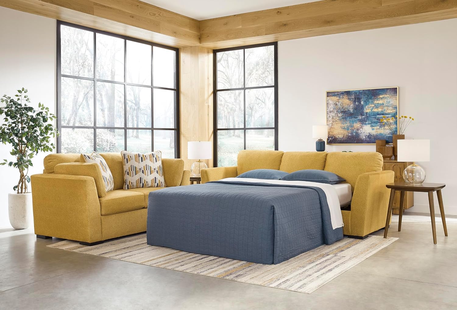 Signature Design by Ashley Keerwick Scandinavian 2-in-1 Sofa Sleeper with Folding Gel Memory Foam Mattress and 4 Pillows, Queen, Yellow