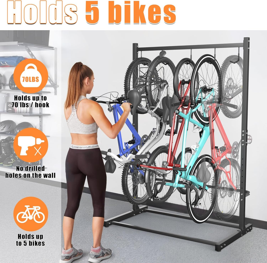 TORACK Garage Freestanding Hanging Bike Stand for Garage, Heavy Duty 5 Bikes Vertical Bike Storage Stand Floor Bike Storage Rack