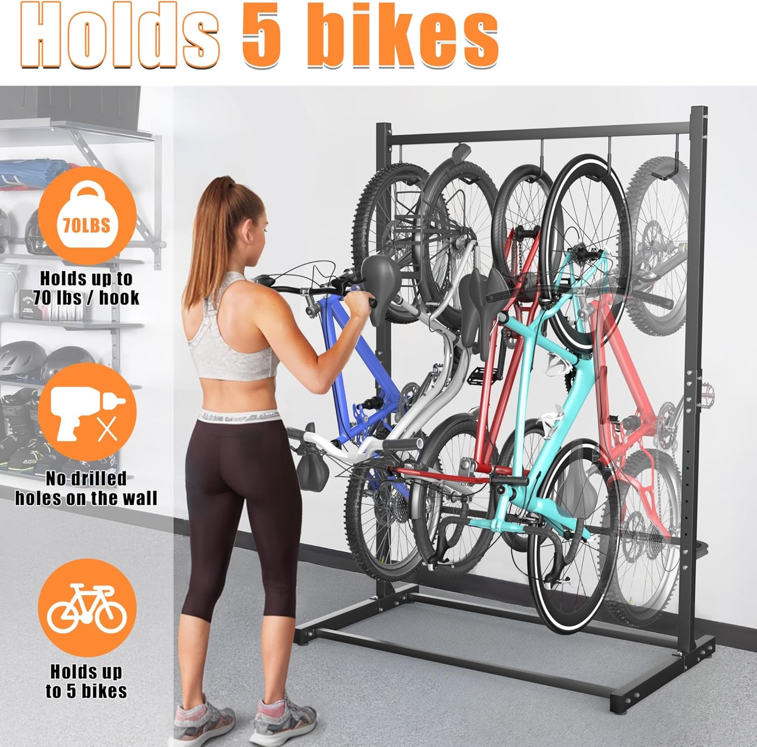 TORACK Garage Freestanding Hanging Bike Stand for Garage, Heavy Duty 5 Bikes Vertical Bike Storage Stand Floor Bike Storage Rack