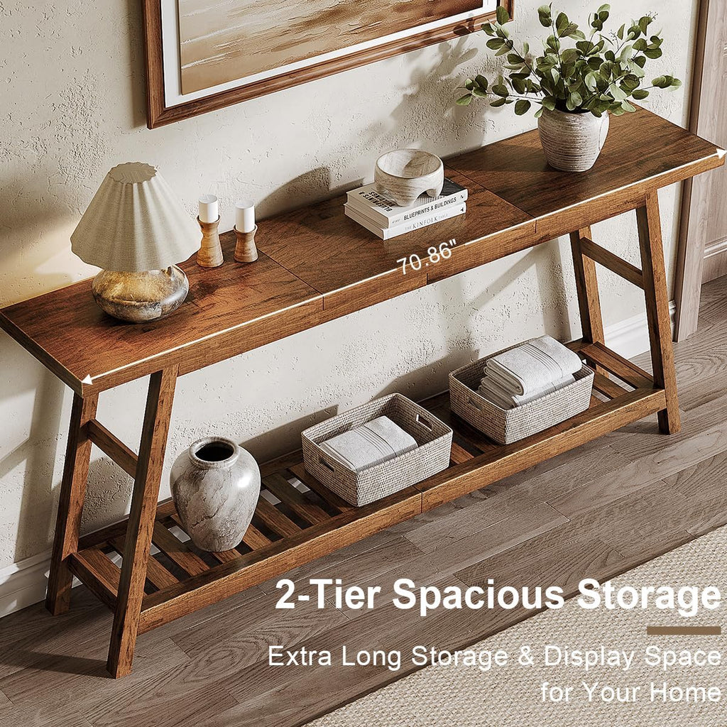 ChooChoo 70.9 Inch Long Console Tables for Entryway, Wood 2-Tier Entry Hallway Table, Narrow Sofa Table Behind Couch Table for Living Room, Entrance, Walnut