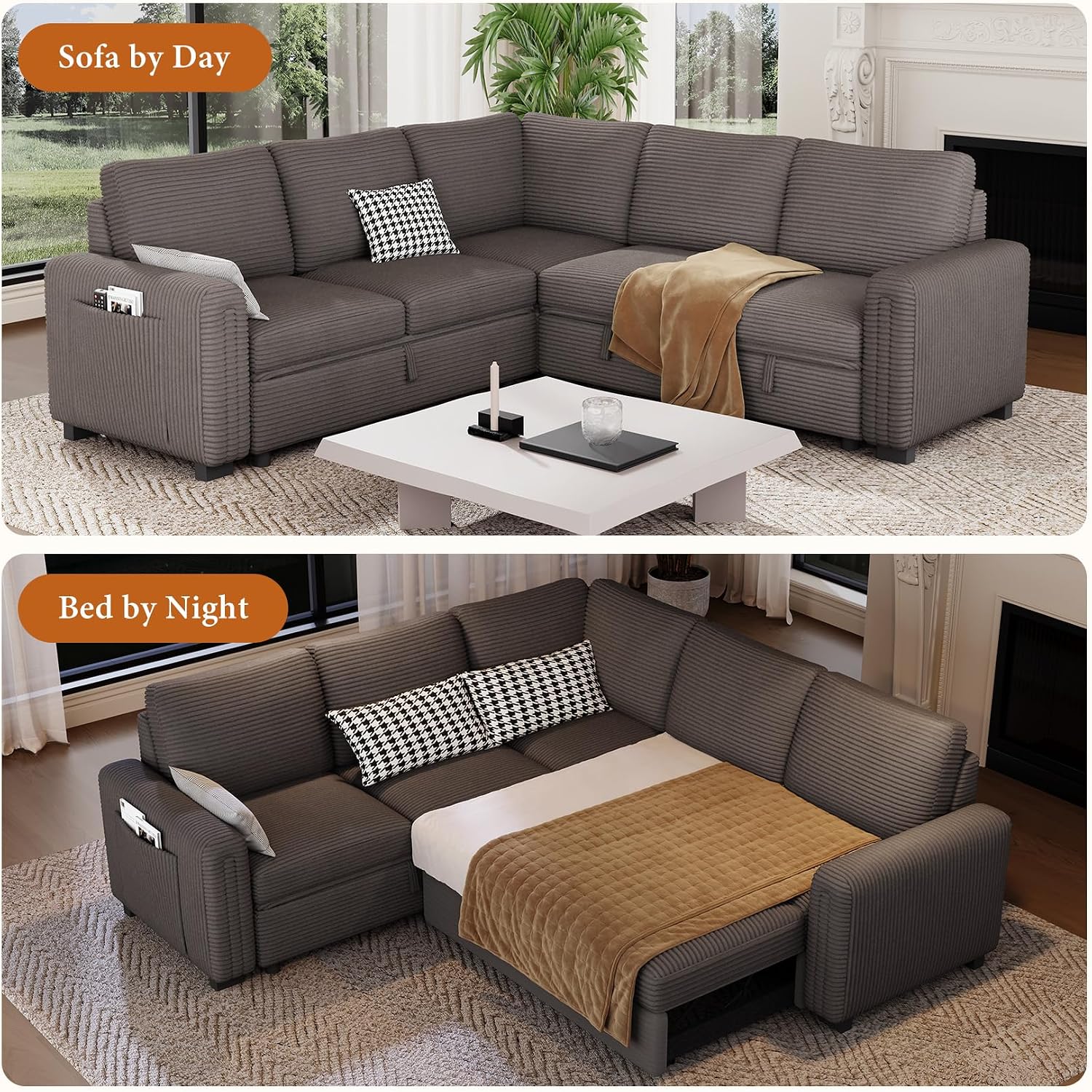 Vesgantti 88.4' Sleeper Sectional Couch with Pull Out Bed, 5 Seater L Shaped Modular Sectional Sofa with Storage, Comfy Corduroy Modular Sofa for Living Room, Bedroom, Apartment, Light Coffee